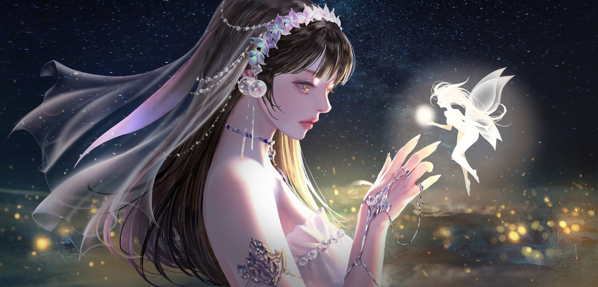 Fantasy girl with fairy in starry night HD Wallpaper