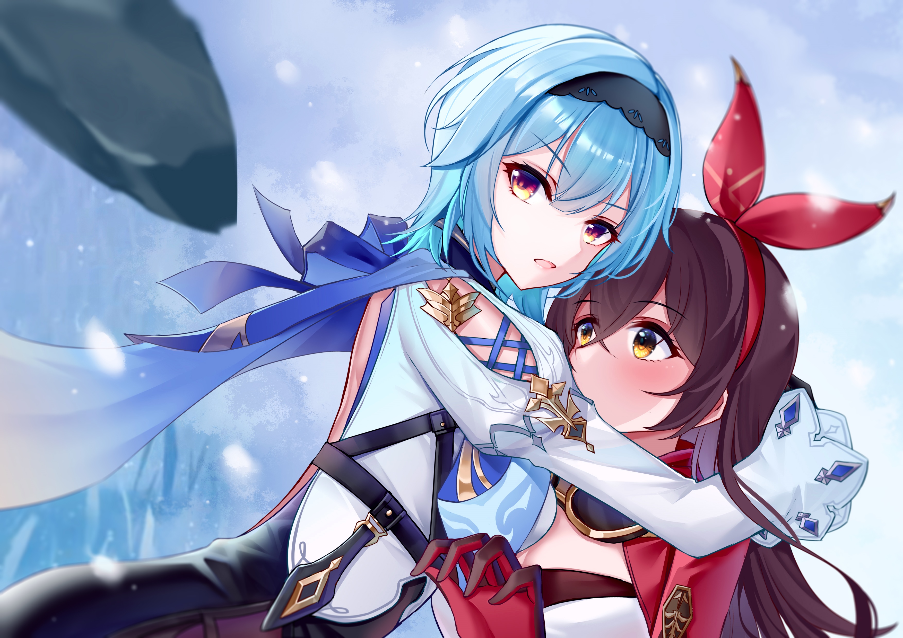 Anime girls Eula and Amber hugging HD Wallpaper