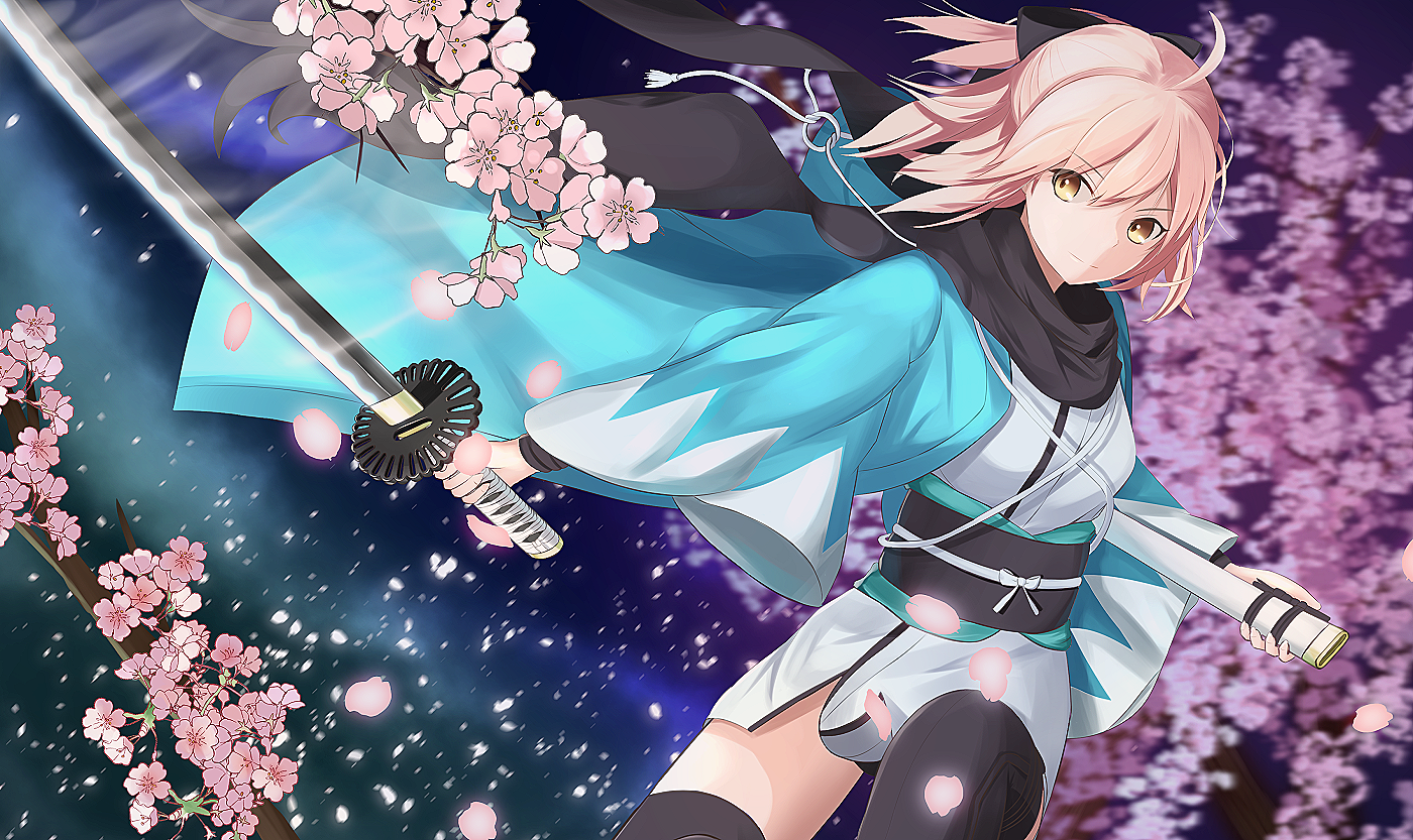 Okita Souji from Fate/Grand Order with Cherry Blossoms HD Wallpaper