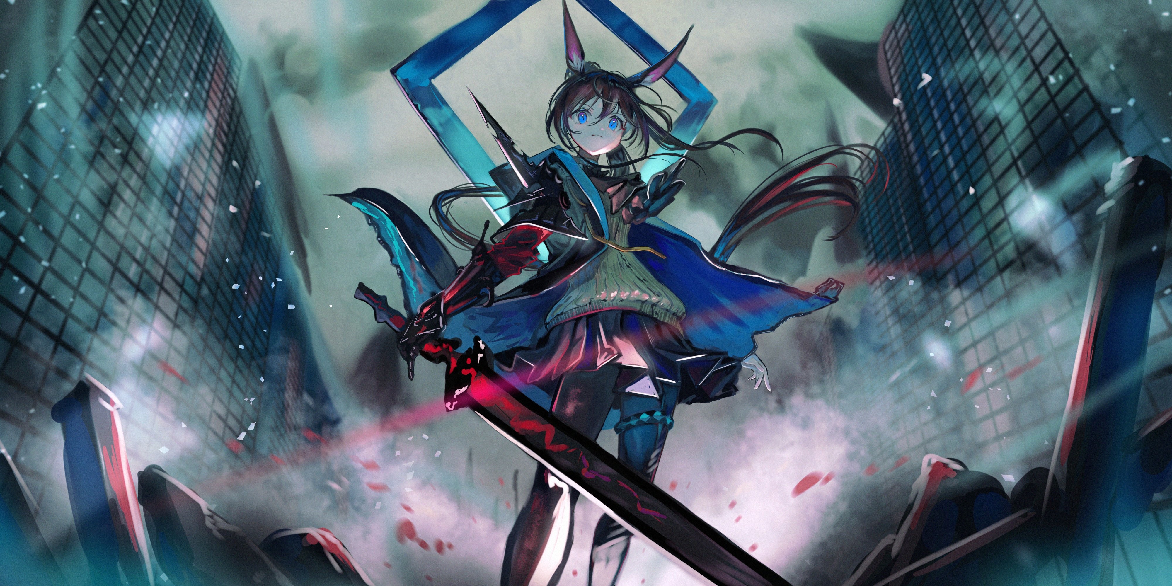 Arknights Amiya with sword in destroyed city HD Wallpaper