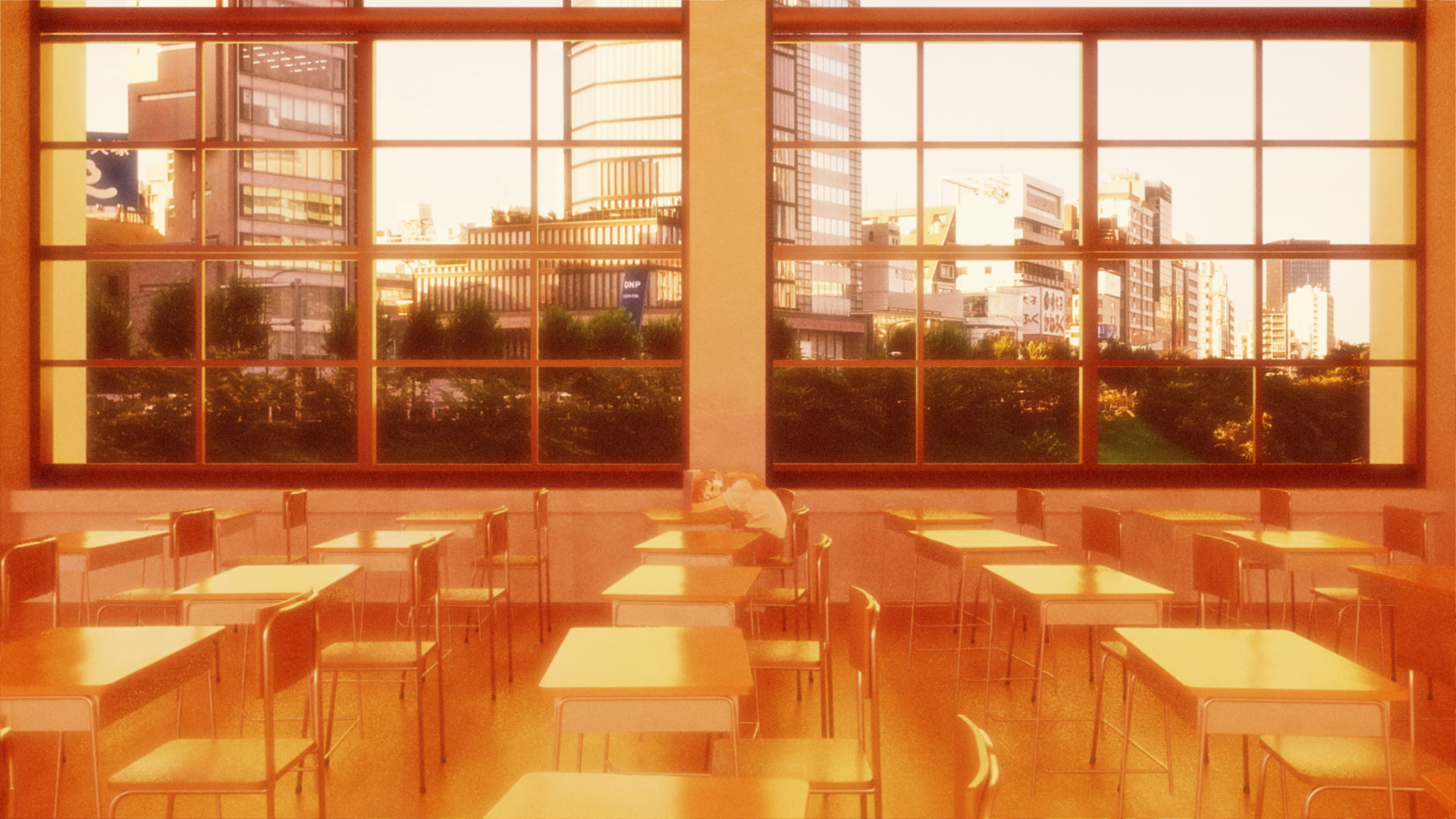 Girl sleeping in a classroom with city view HD Wallpaper