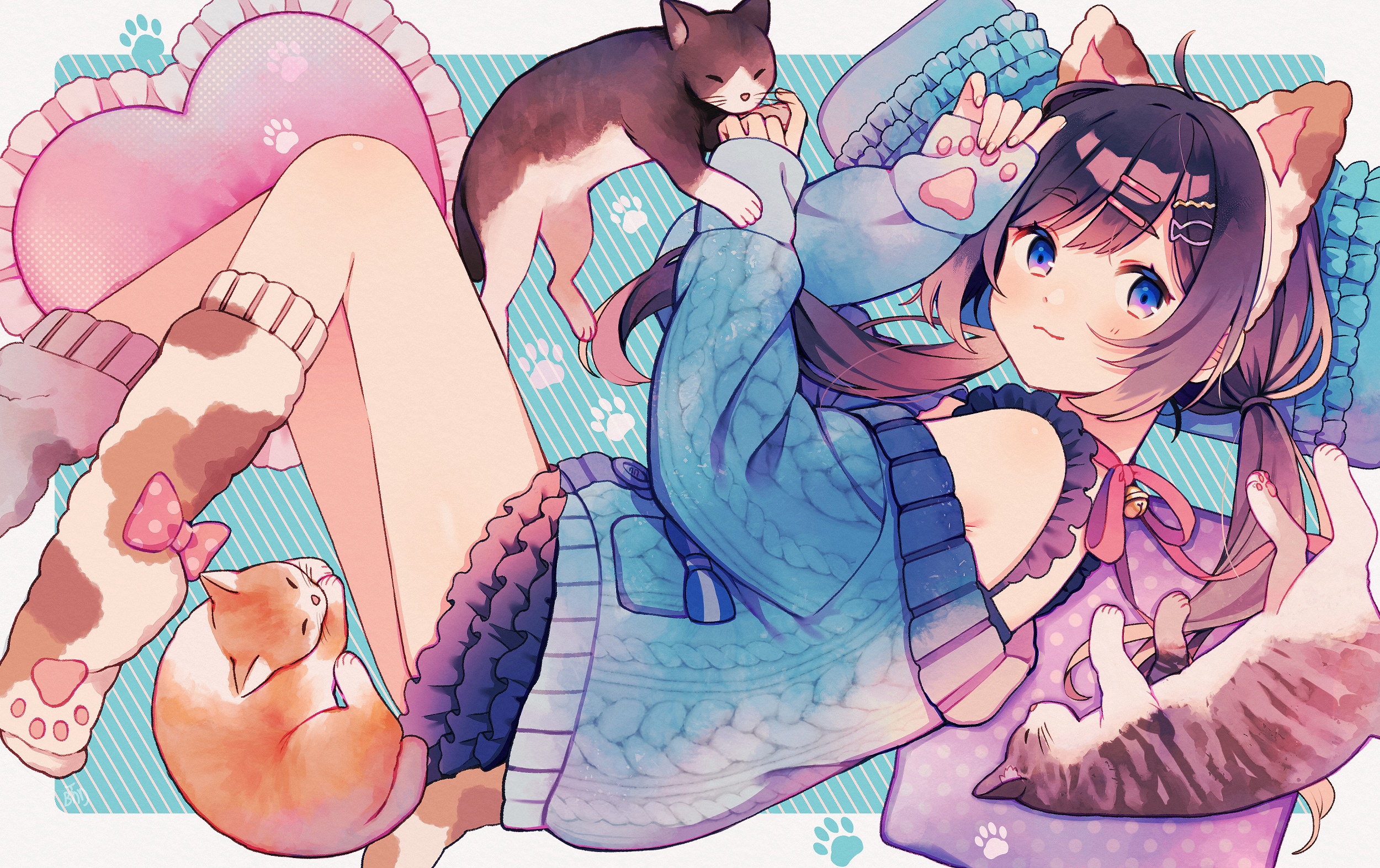 Anime girl with cat ears and cats HD Wallpaper