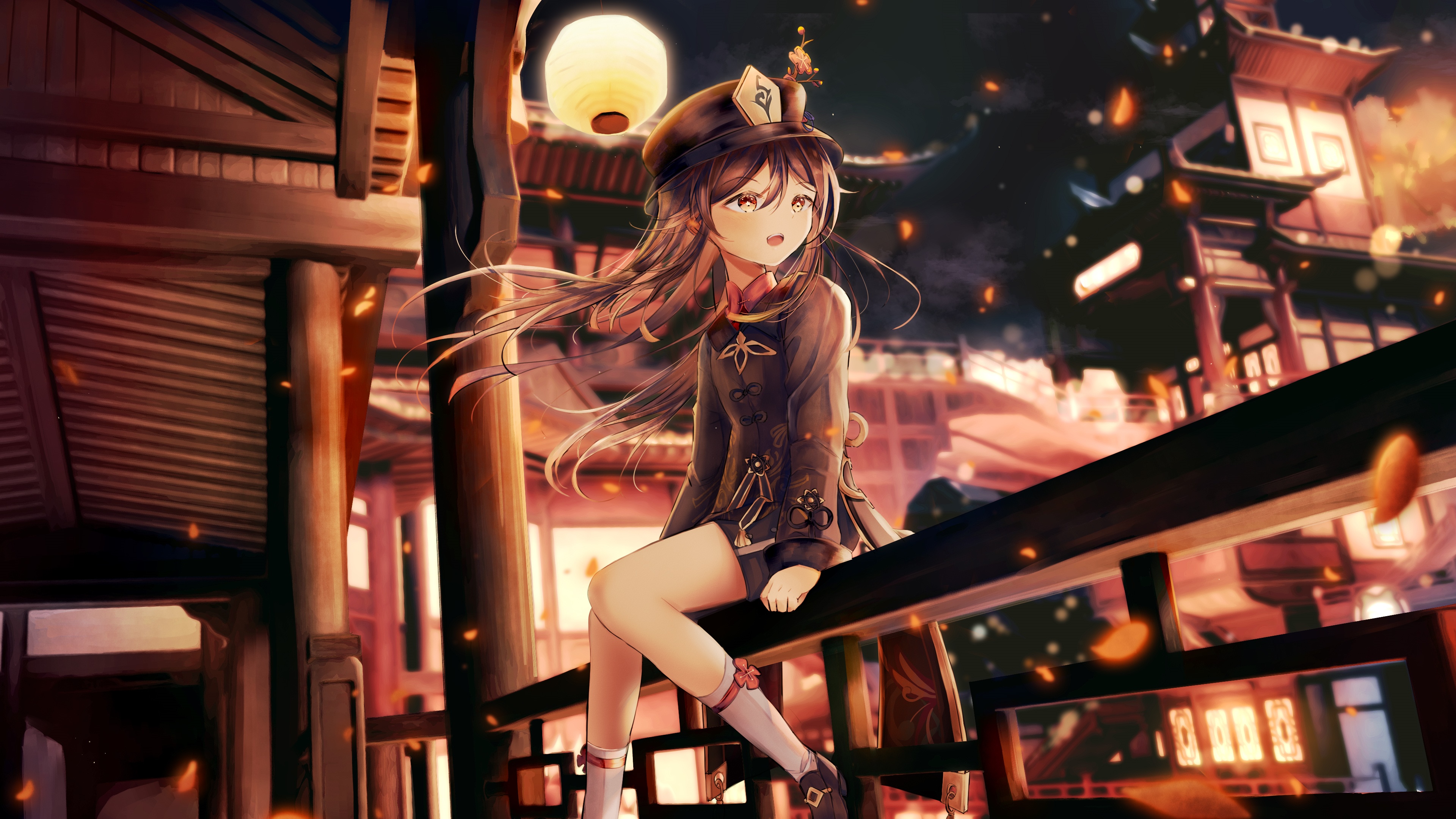 4K Genshin Impact Hu Tao sitting on a railing HD Wallpaper