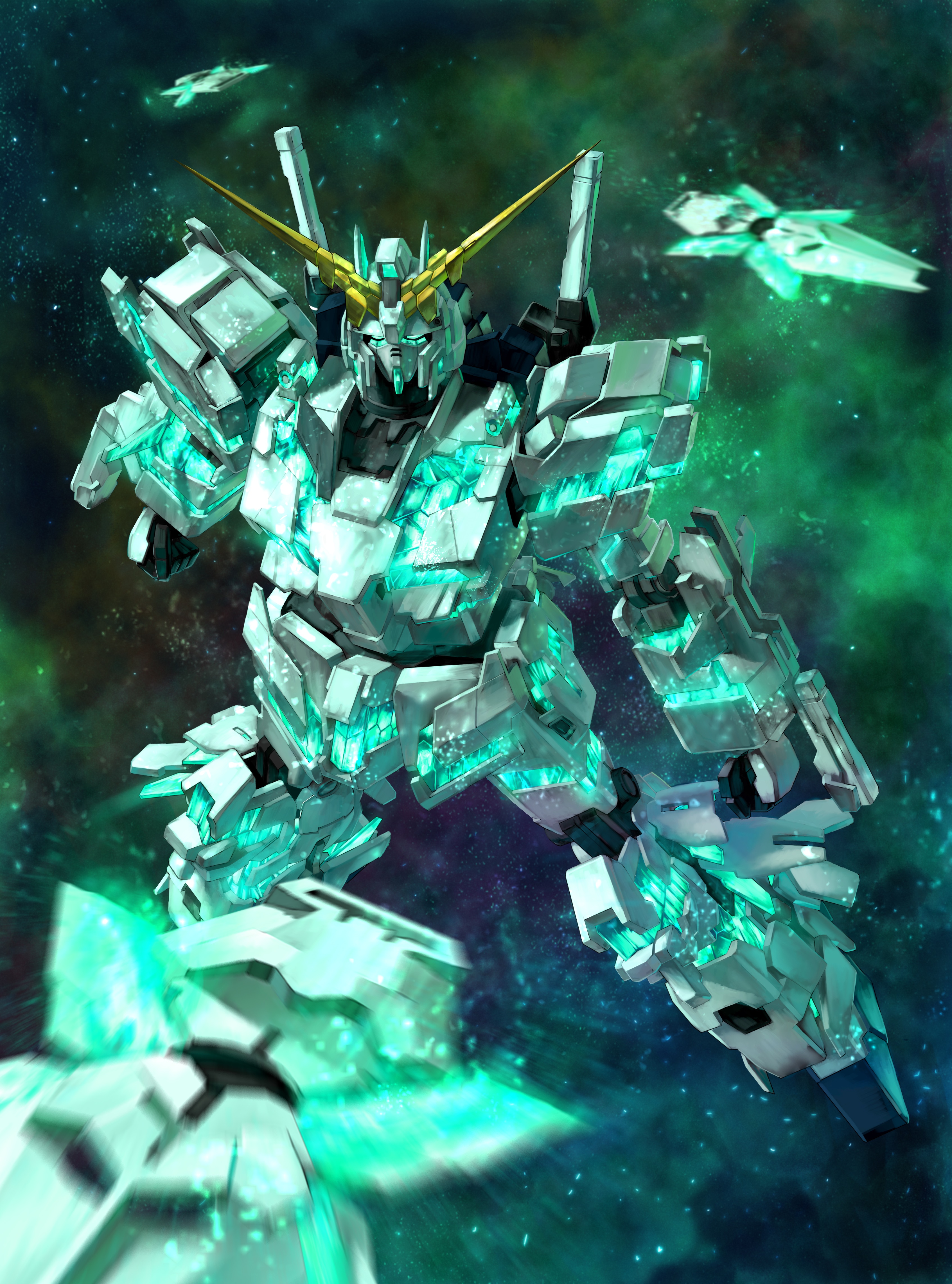 RX-0 Unicorn Gundam in space with smaller ships HD Phone Wallpaper