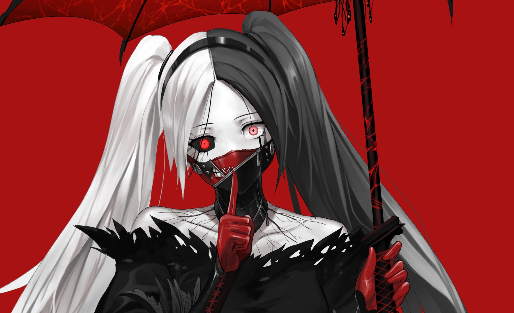 Anime girl with split hair and red eyes holding a scythe HD Wallpaper