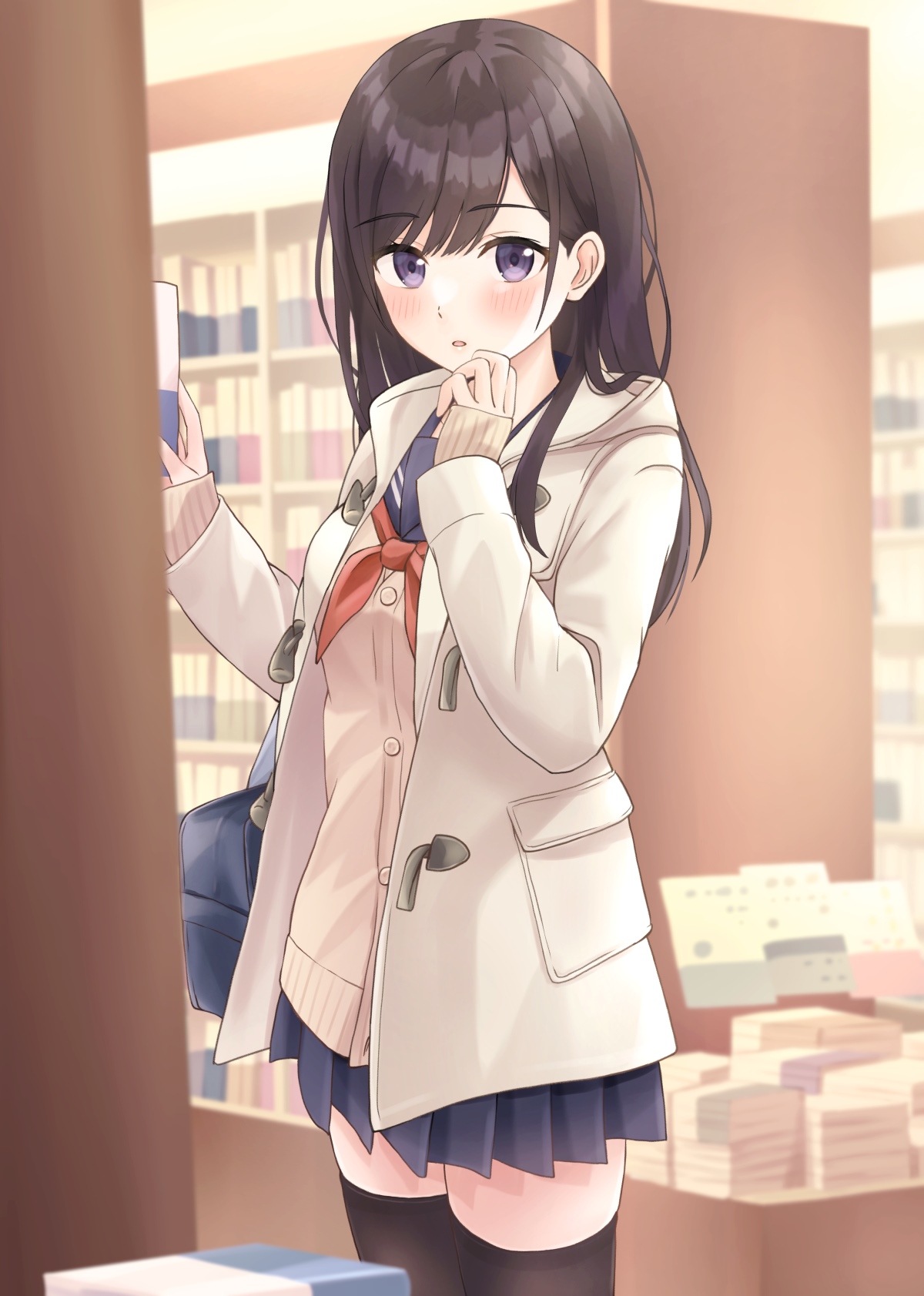 Anime girl in school uniform at a library HD Phone Wallpaper
