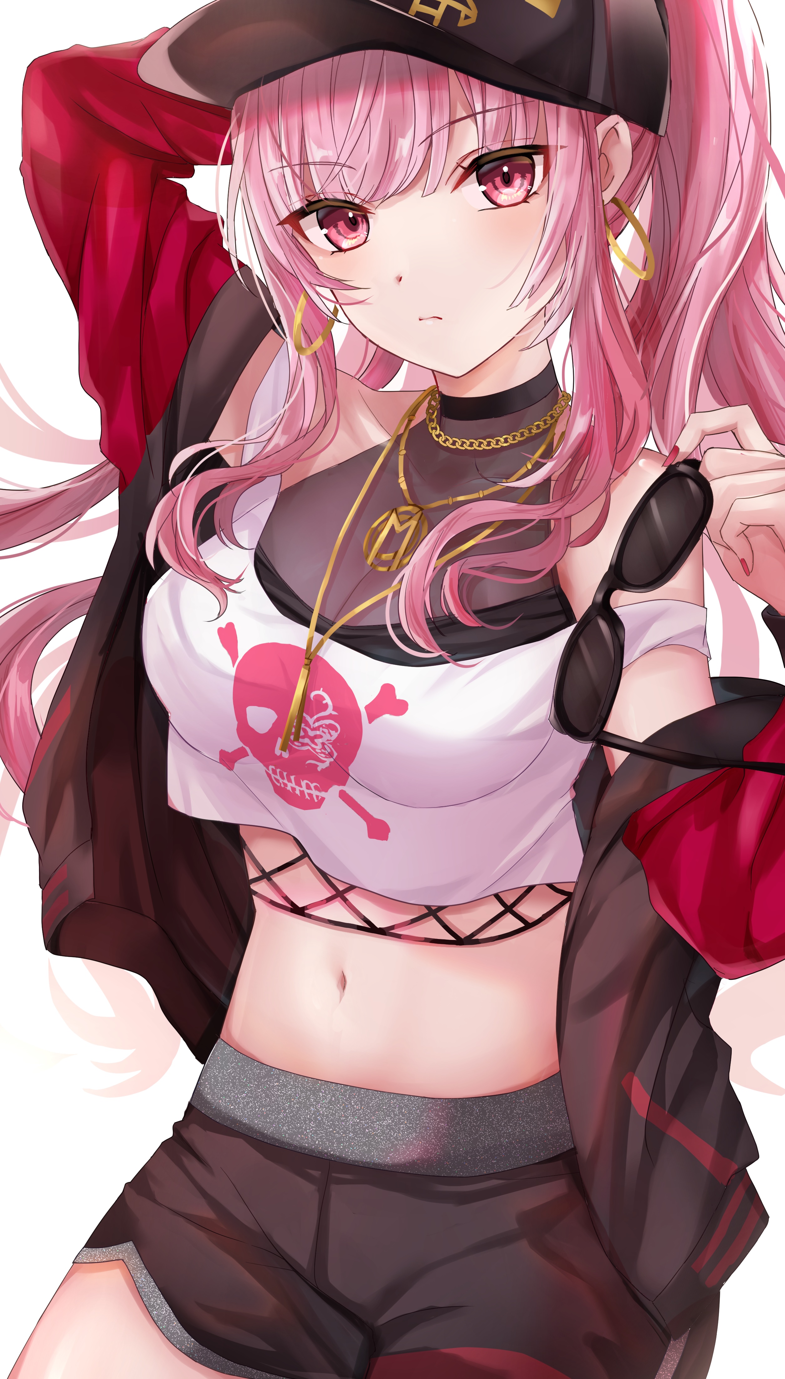 Anime girl with pink hair wearing a skull t-shirt HD Phone Wallpaper