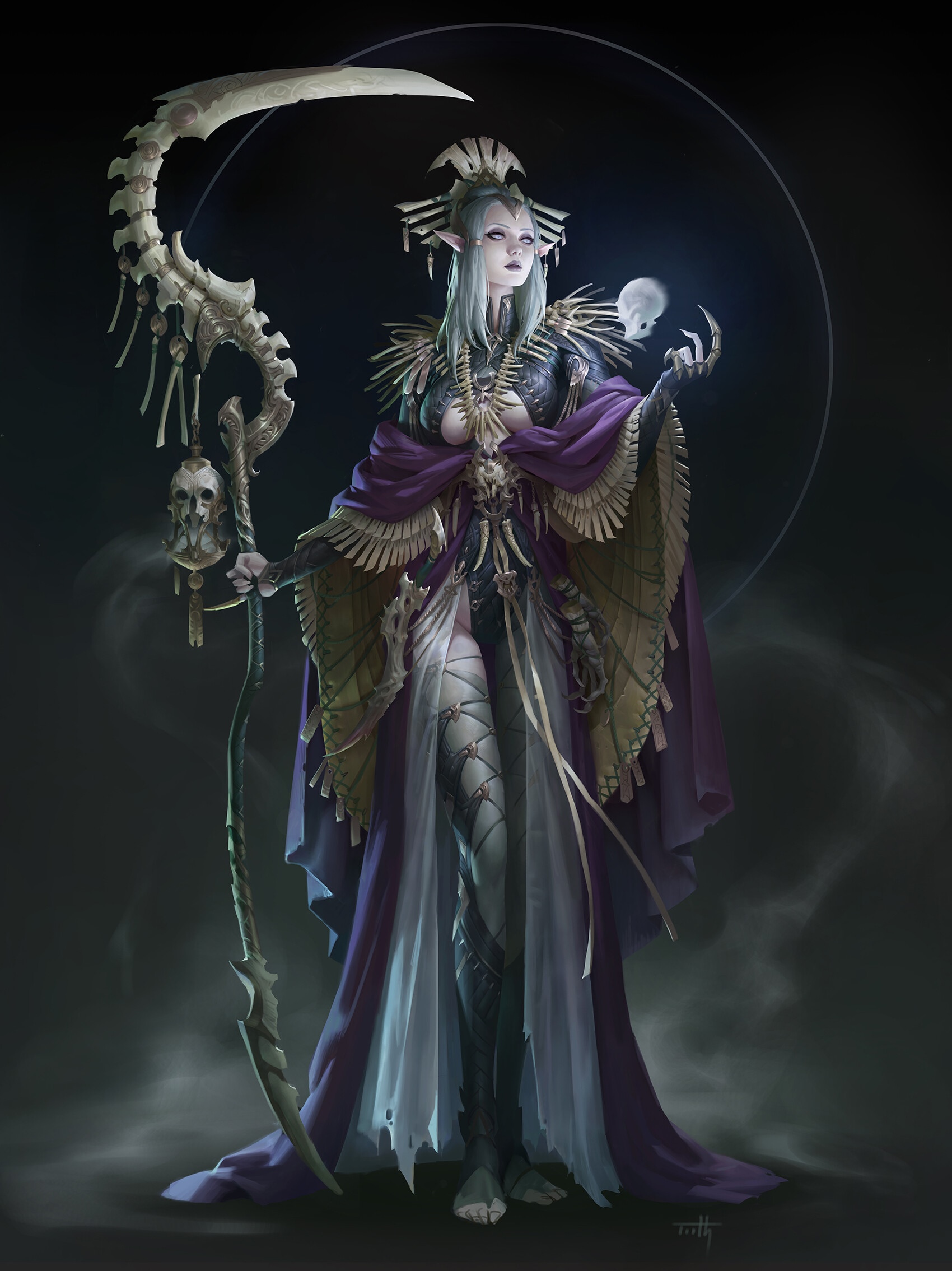 Fantasy woman with scythe and skull staff HD Phone Wallpaper