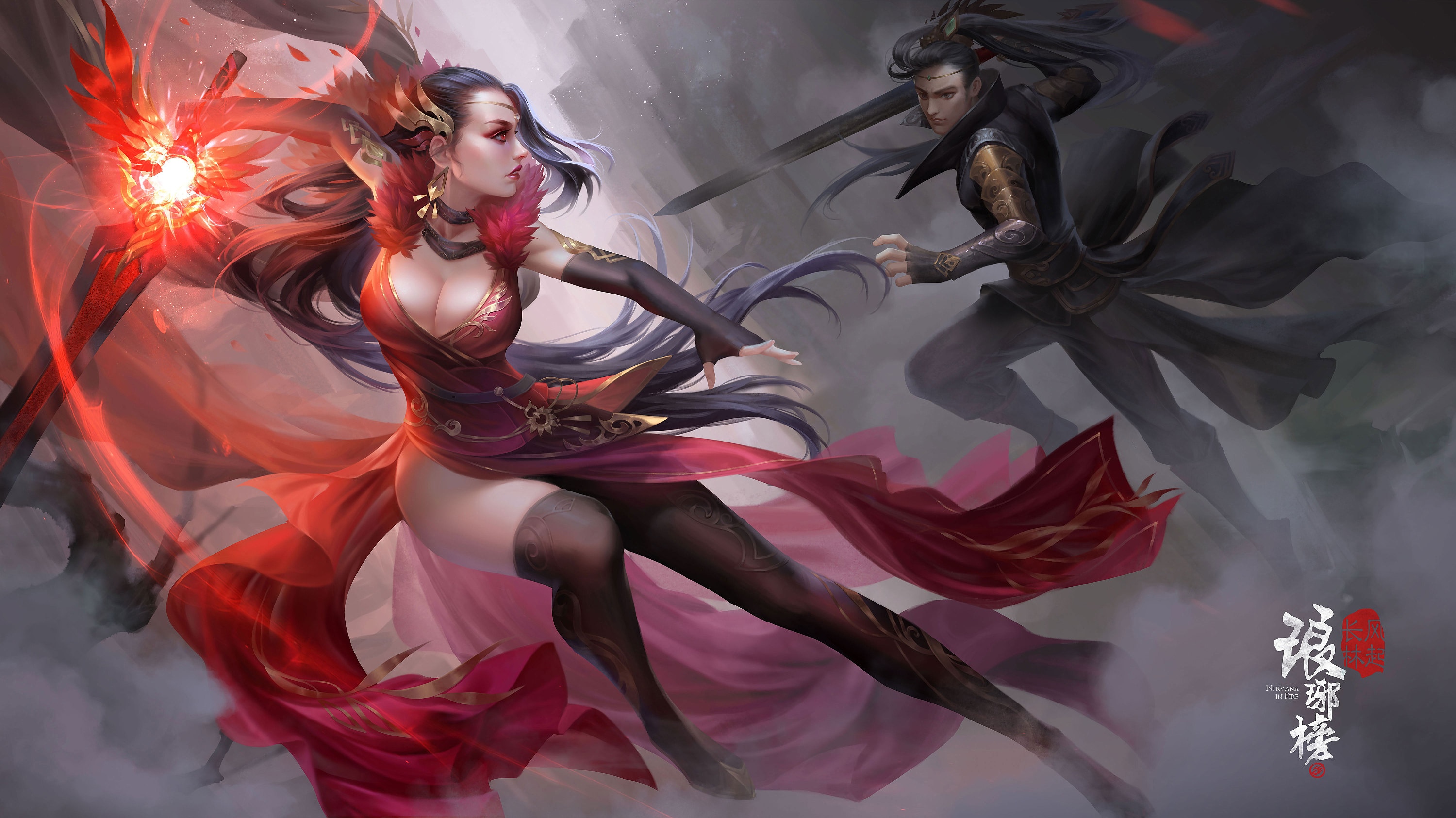 Female warrior with red energy fights male warrior with sword HD Wallpaper
