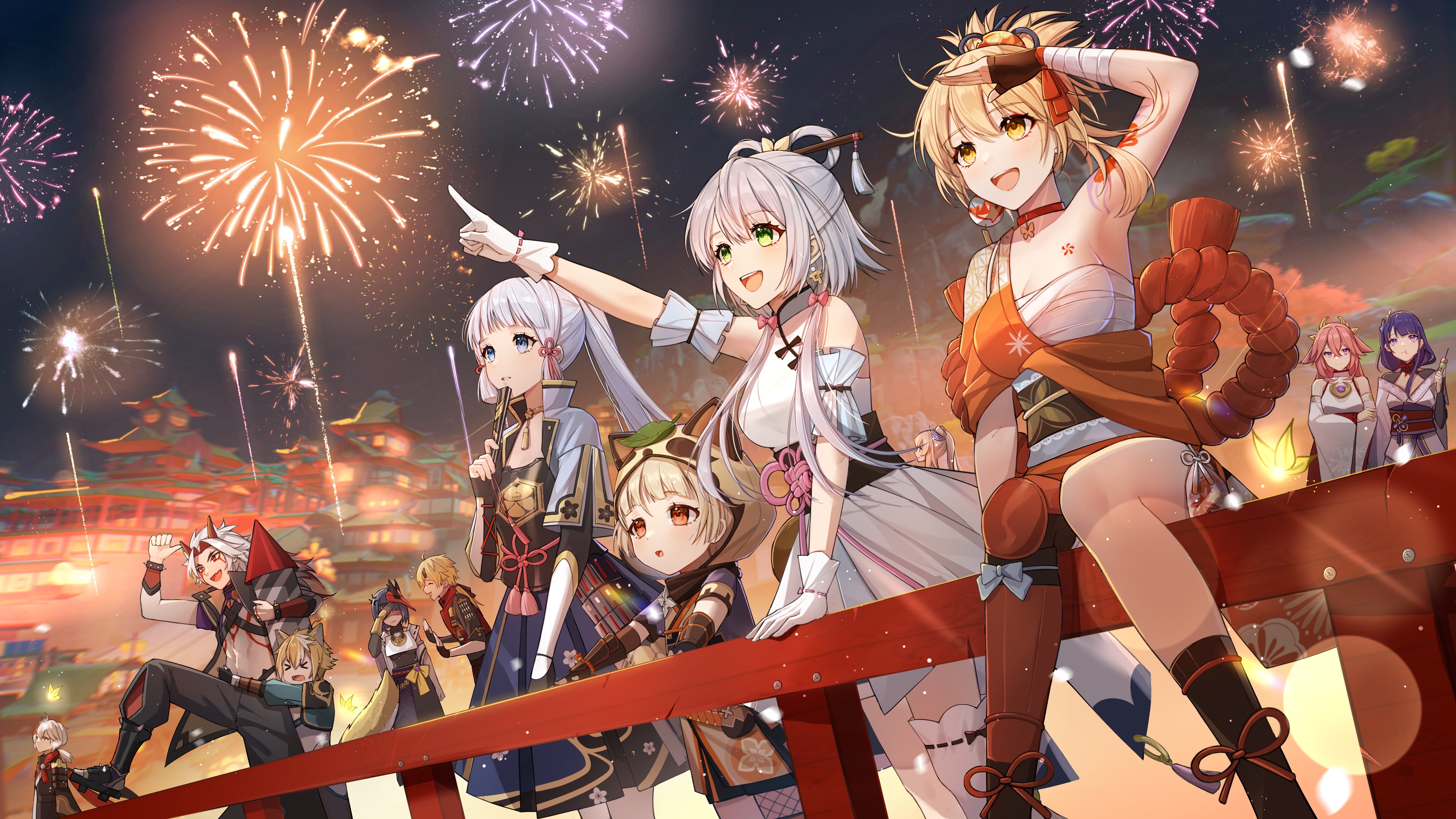 Genshin Impact Characters at a Fireworks Festival HD Wallpaper
