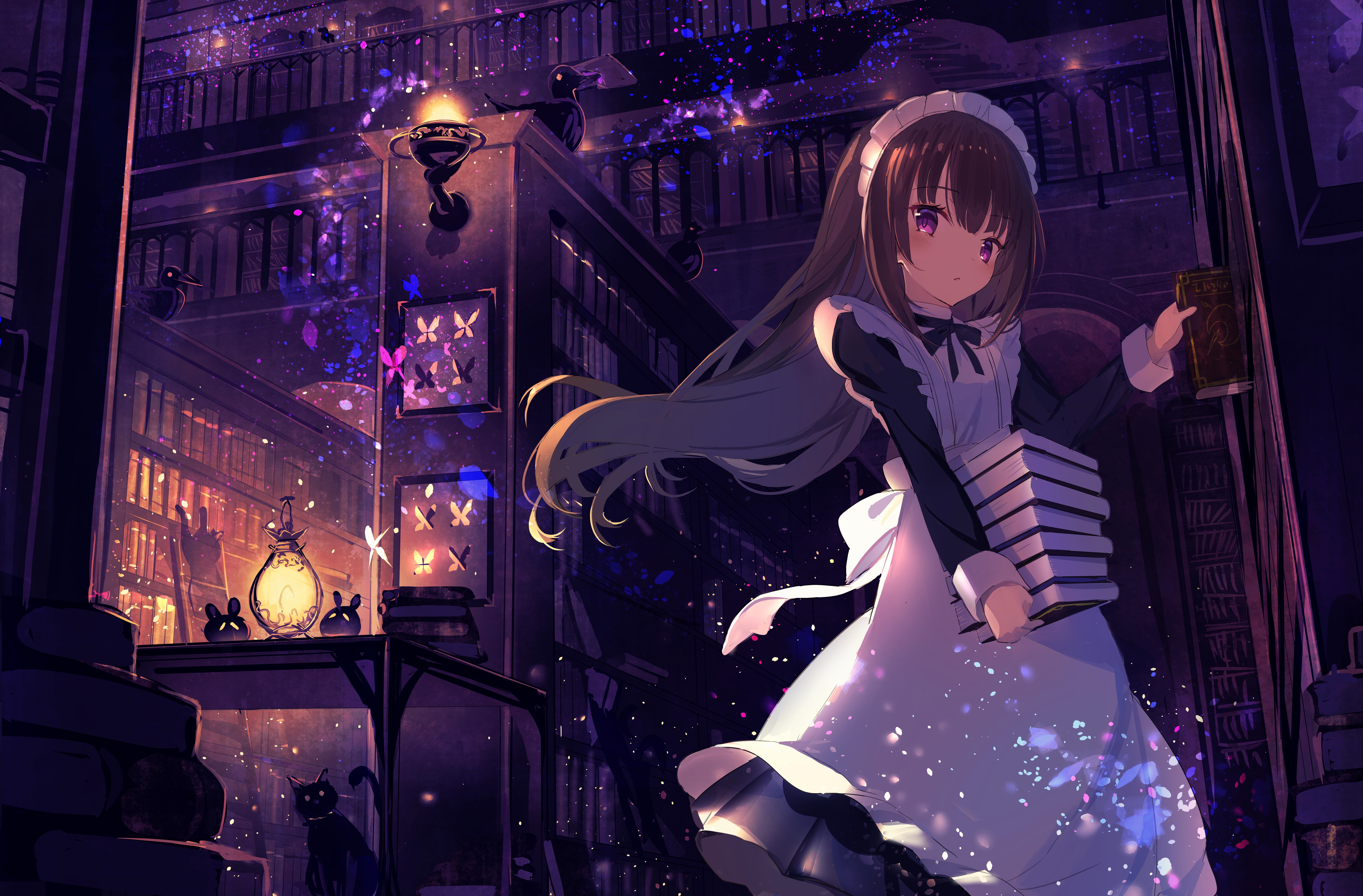 Maid with Books in a Magical Library HD Wallpaper