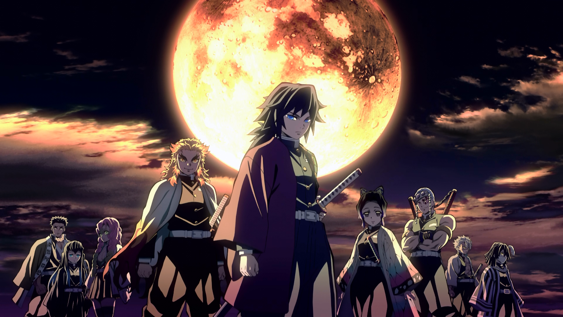 Kimetsu no Yaiba Hashira under a large moon HD Wallpaper