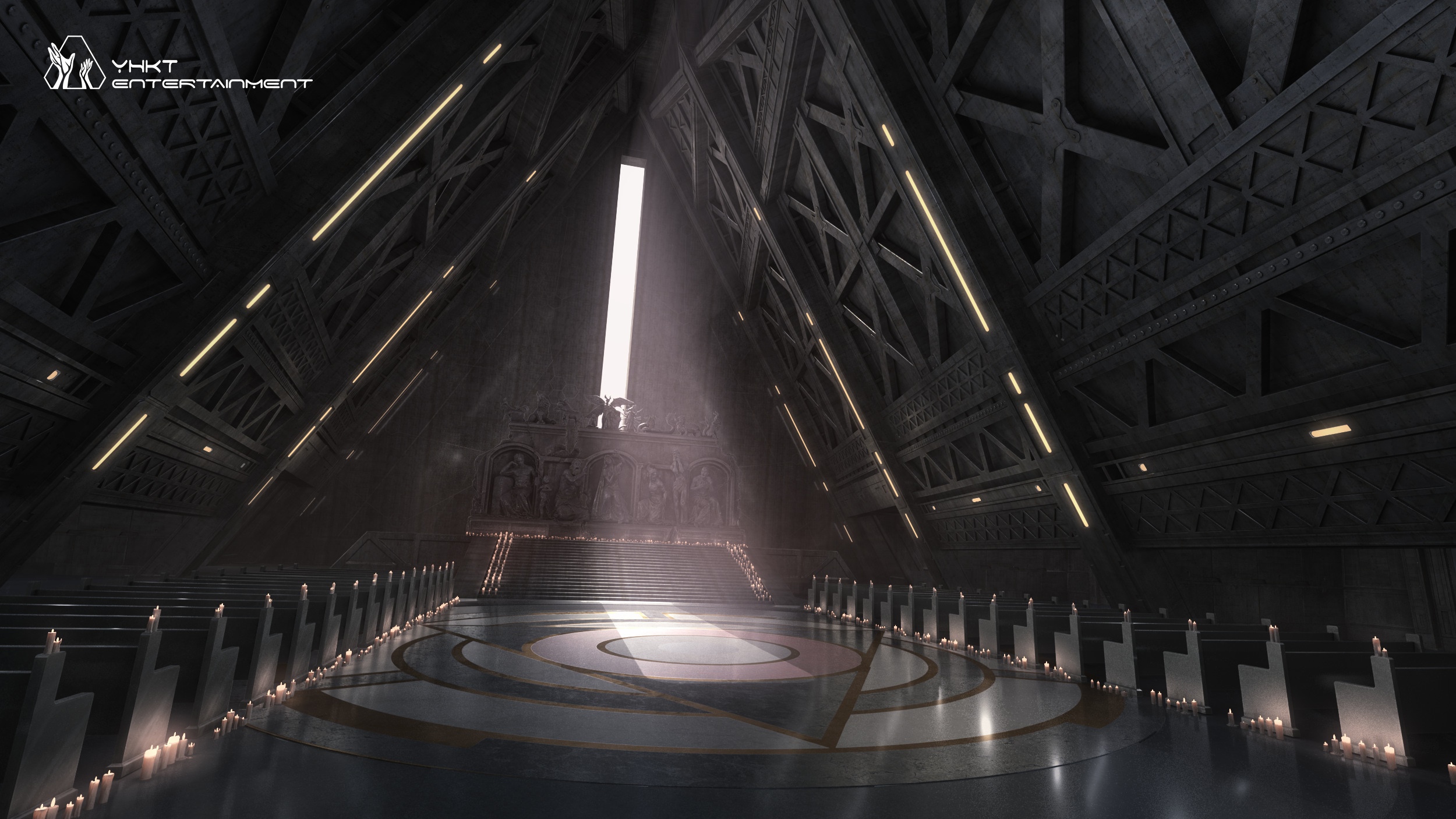 Interior of a dark, futuristic church with candles HD Wallpaper