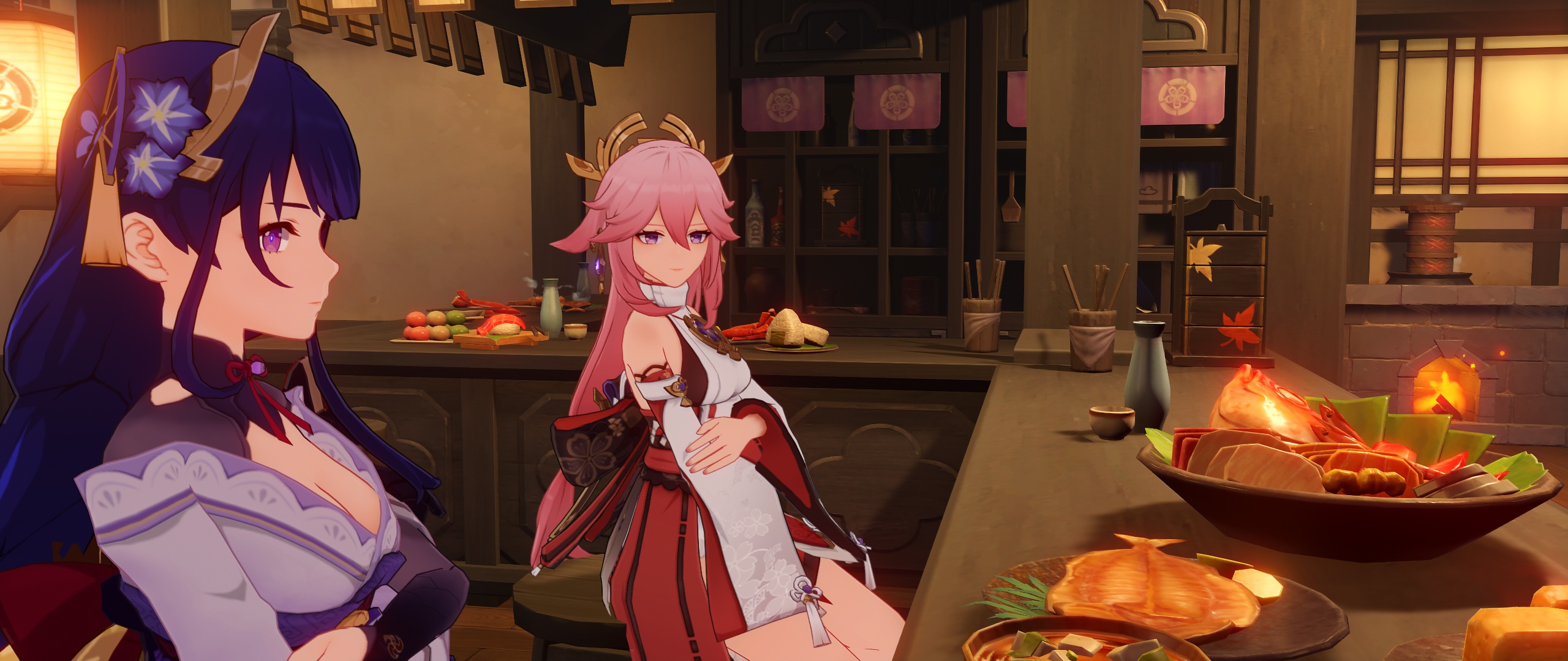 Genshin Impact Yae Miko and Raiden Shogun at a restaurant HD Wallpaper