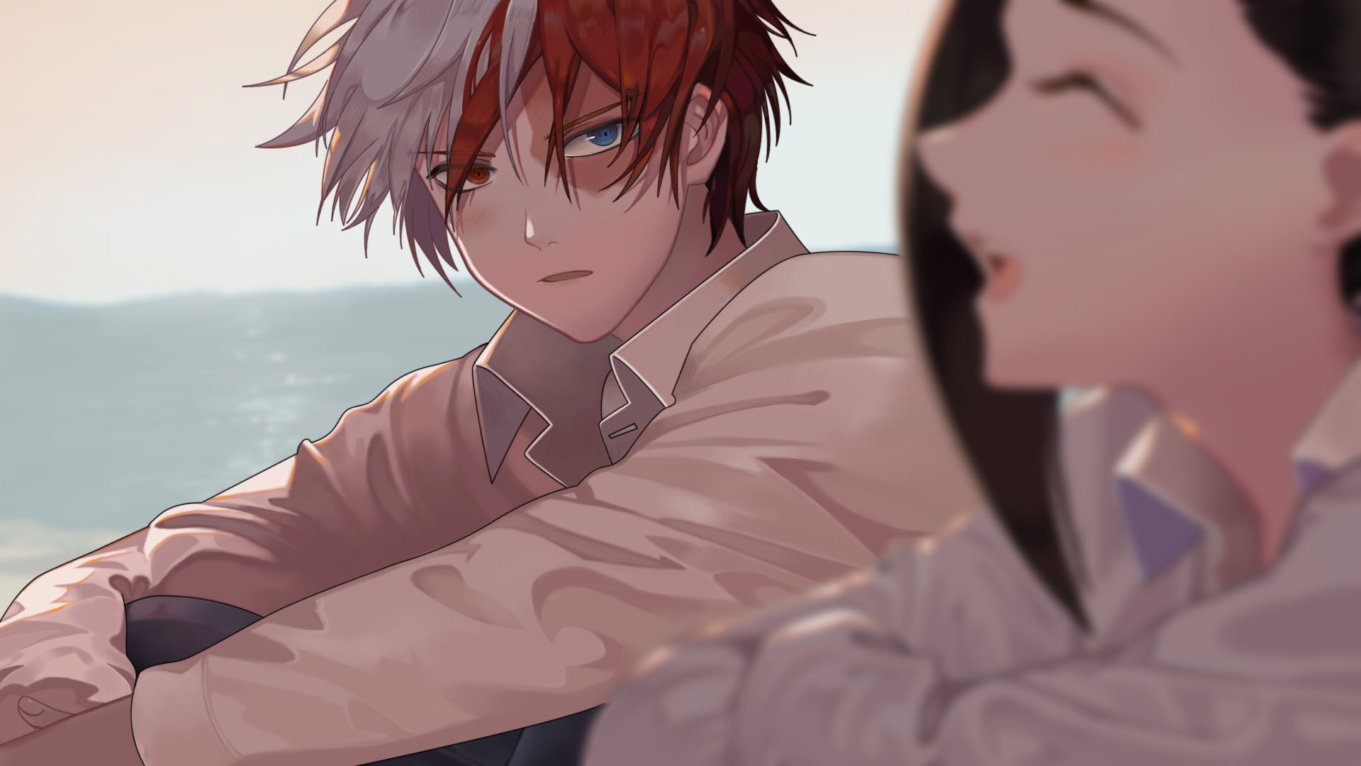 Todoroki Shōto and Momo Yaoyorozu by the Sea HD Wallpaper