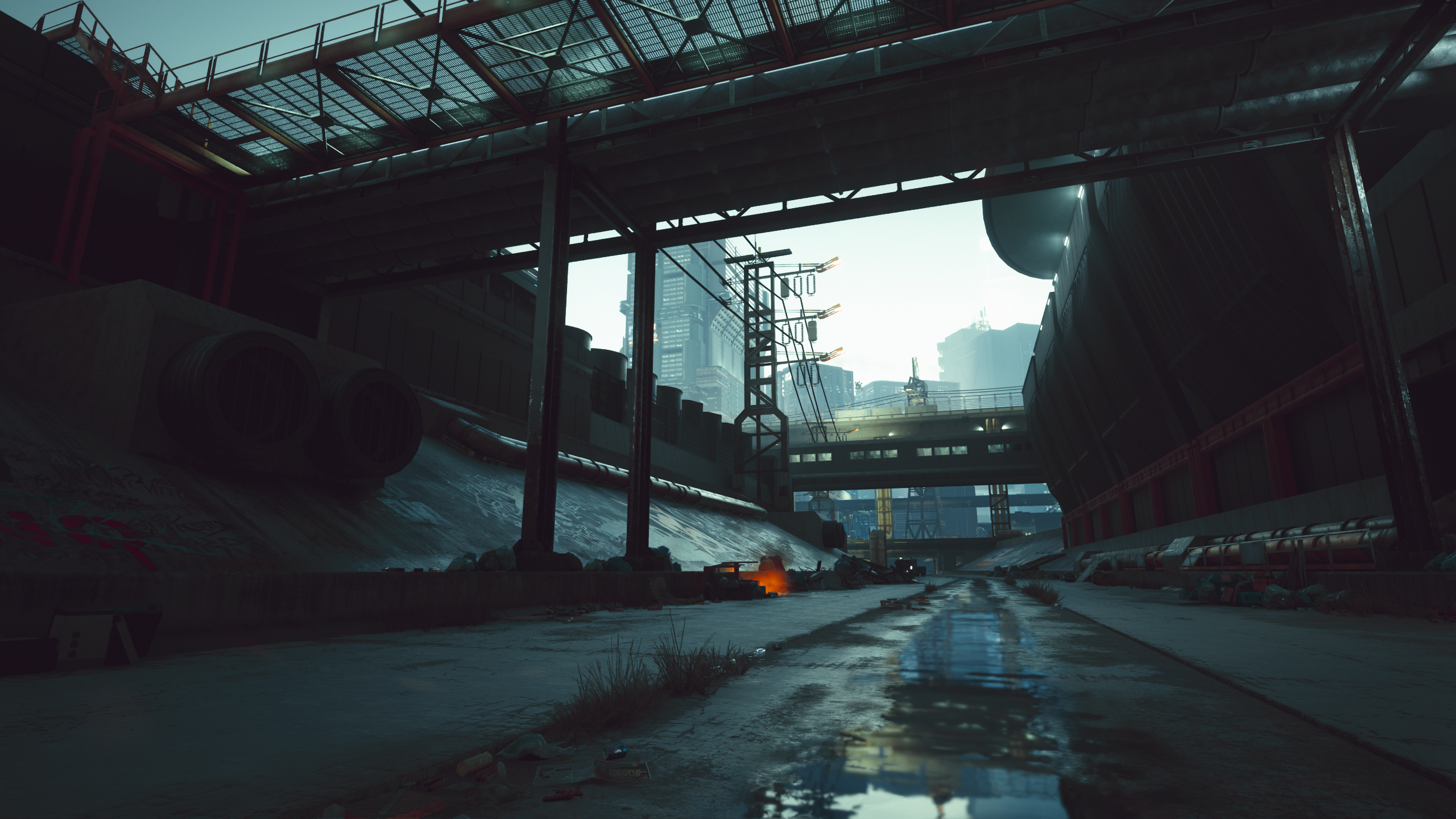 Cyberpunk 2077 industrial cityscape with a canal HD Wallpaper