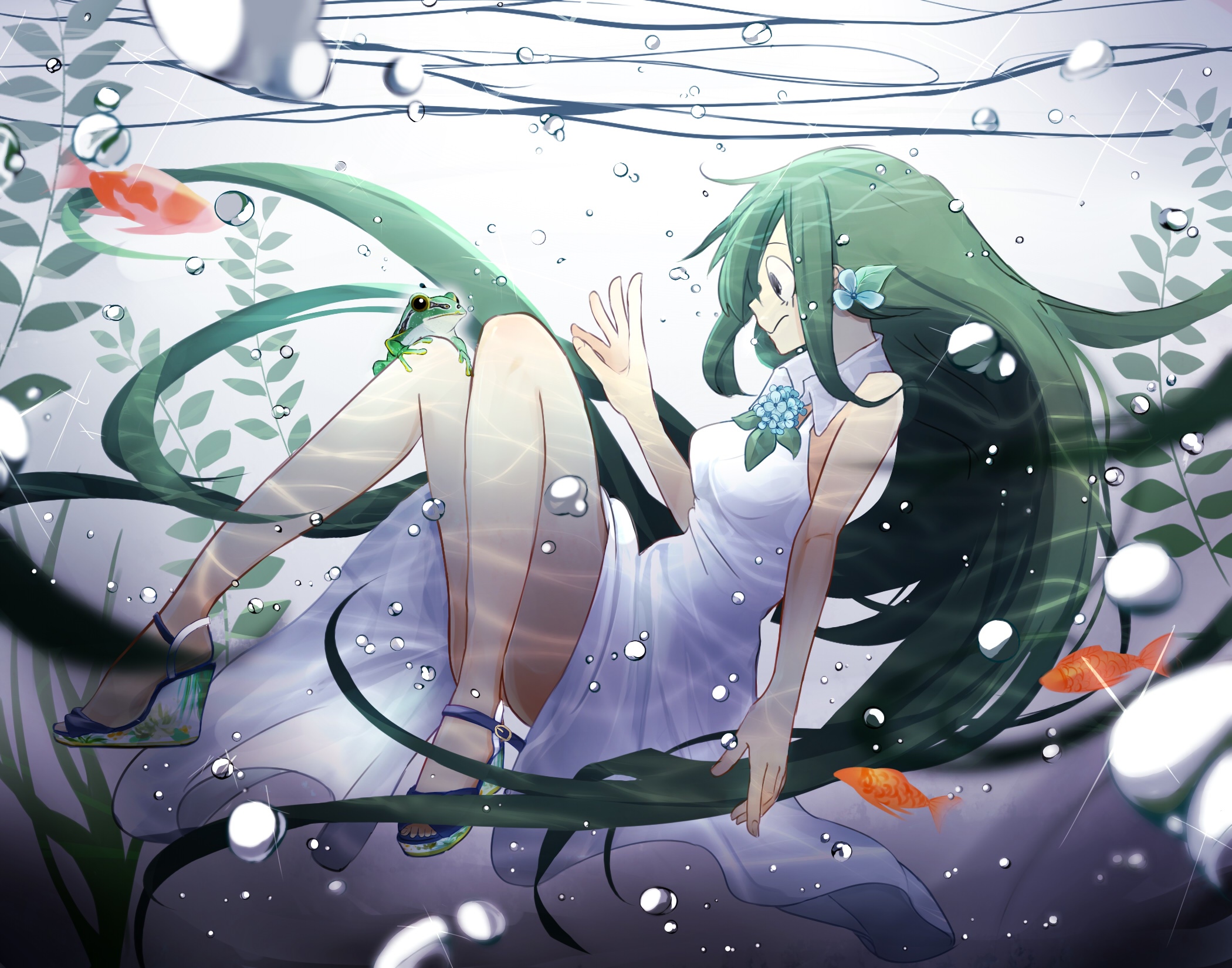 Tsuyu Asui underwater with goldfish and frog HD Wallpaper