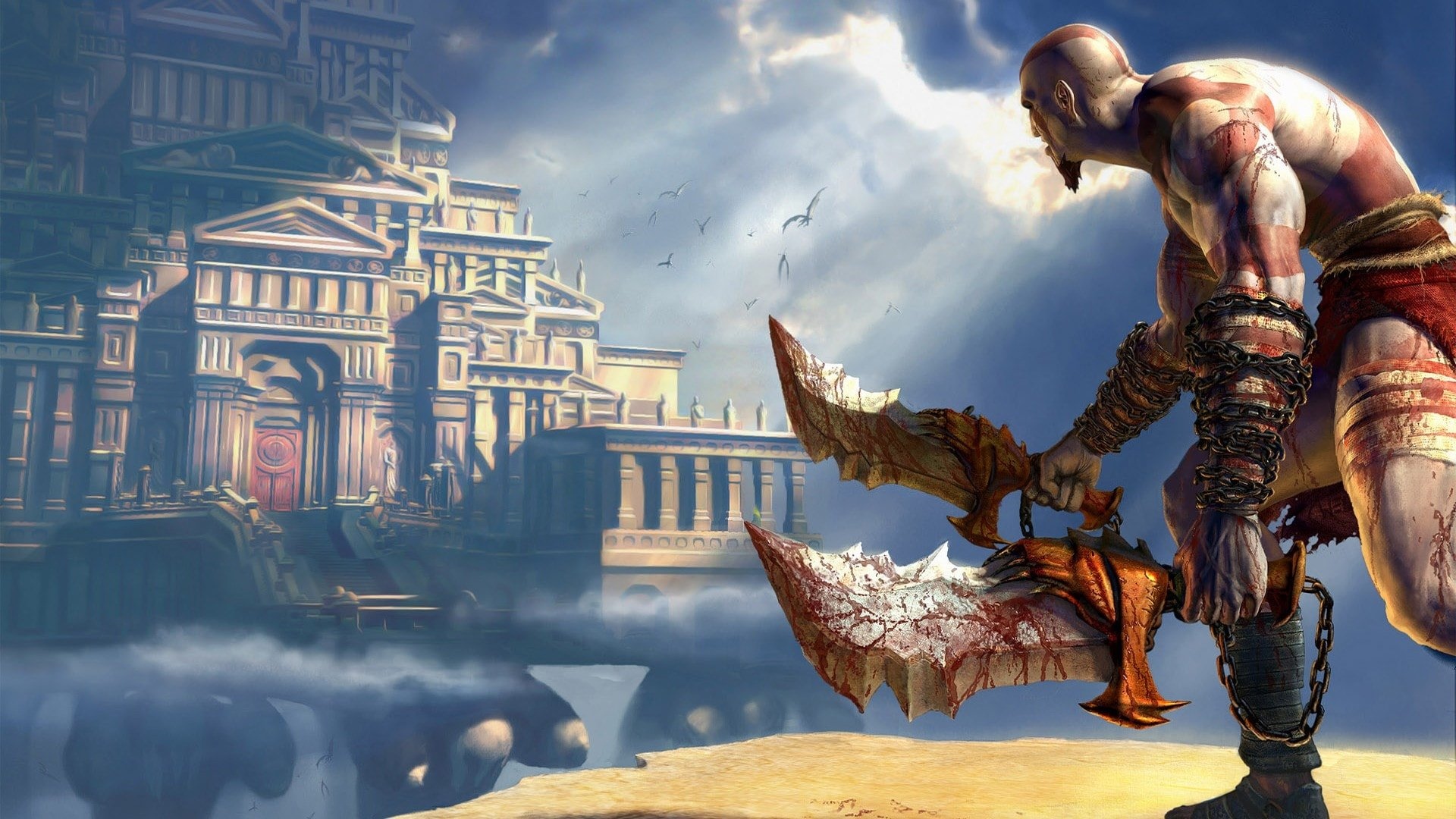 Kratos with Blades of Chaos in front of Olympus HD Wallpaper