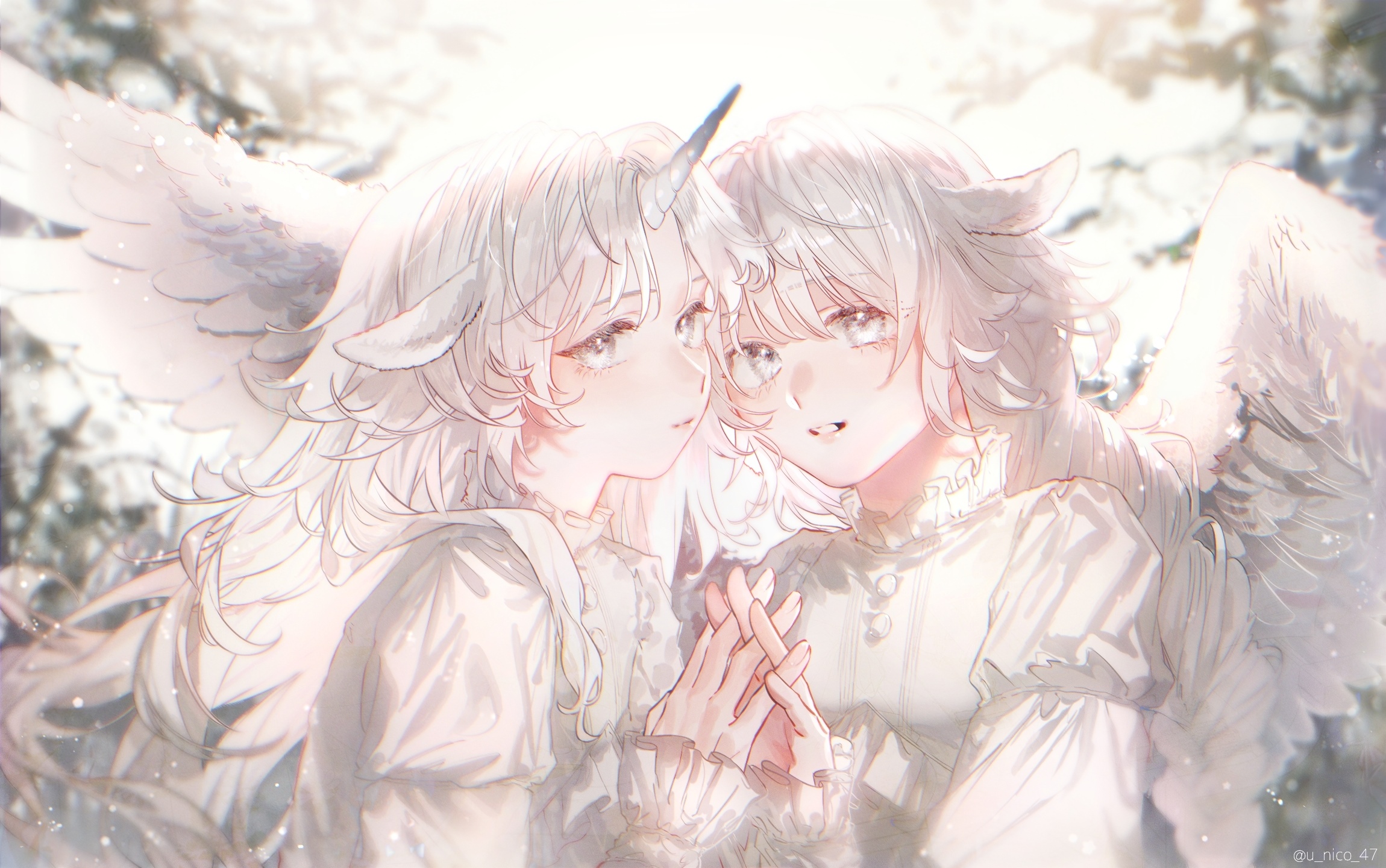 Two fantasy girls with horns and wings holding hands HD Wallpaper