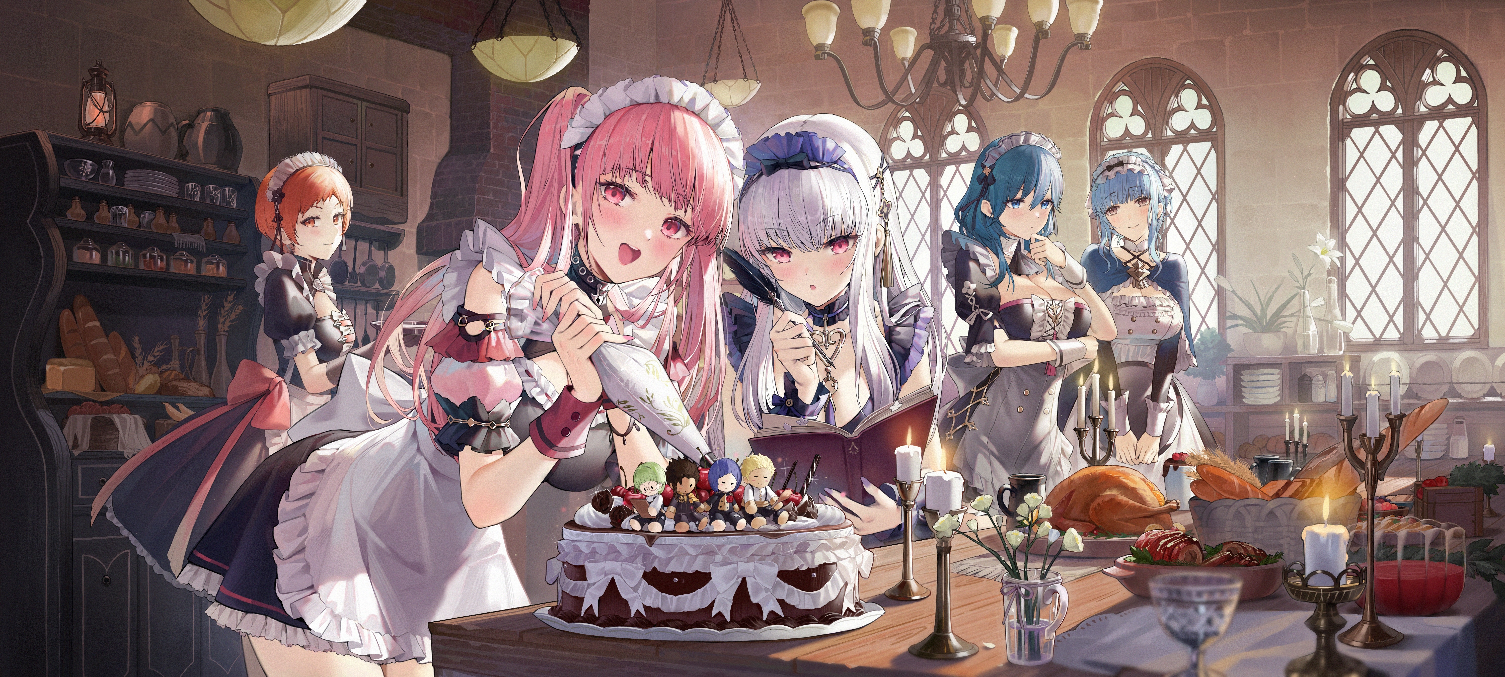 Group of women in maid outfits decorating a cake HD Wallpaper