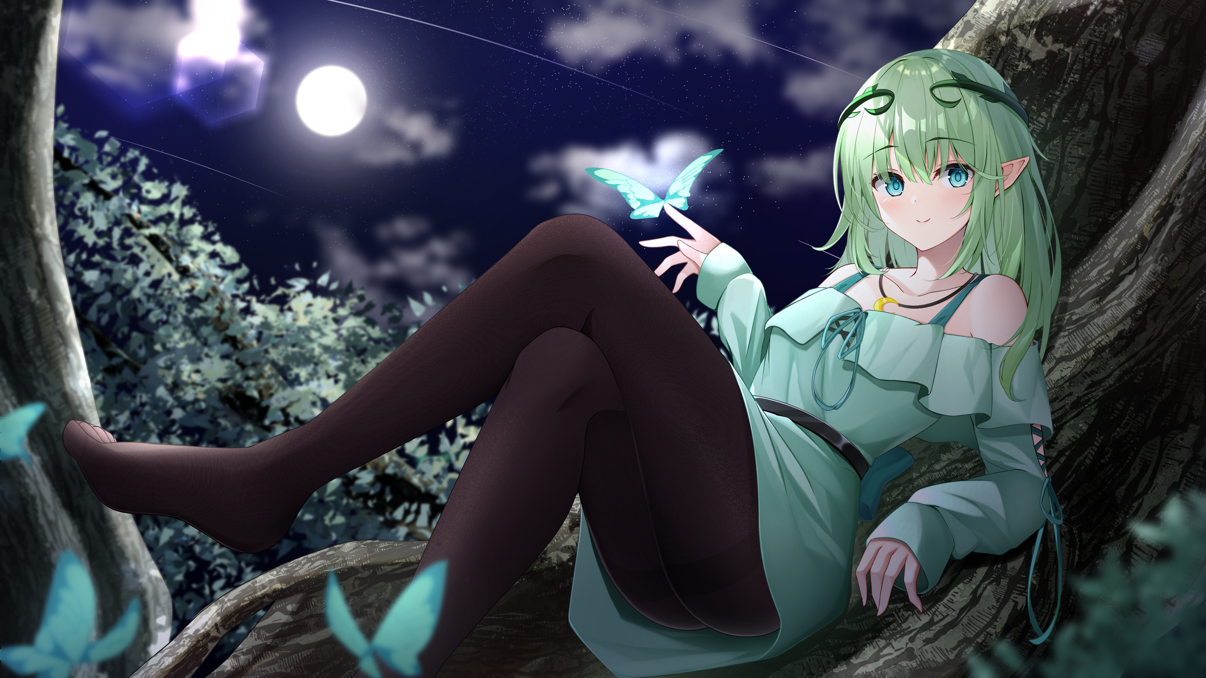 Fantasy girl with green hair and pointy ears in a tree HD Wallpaper
