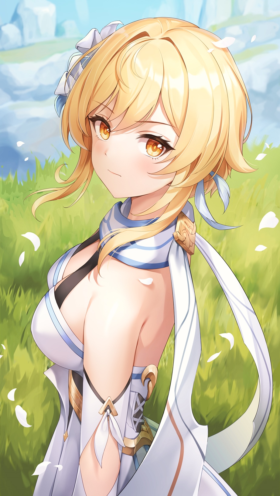Lumine from Genshin Impact in a field HD Phone Wallpaper