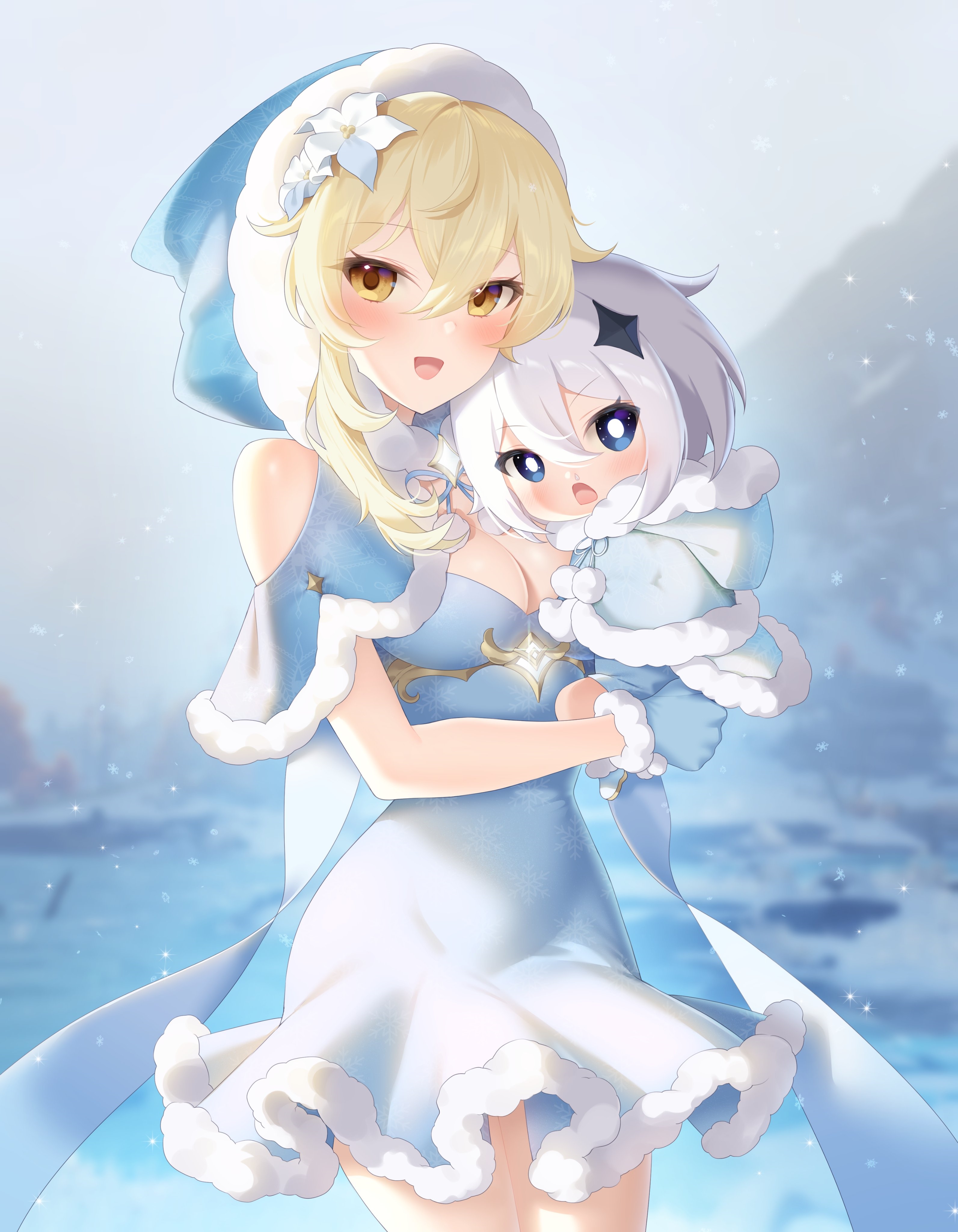 Genshin Impact Lumine and Paimon in Winter Outfits HD Phone Wallpaper