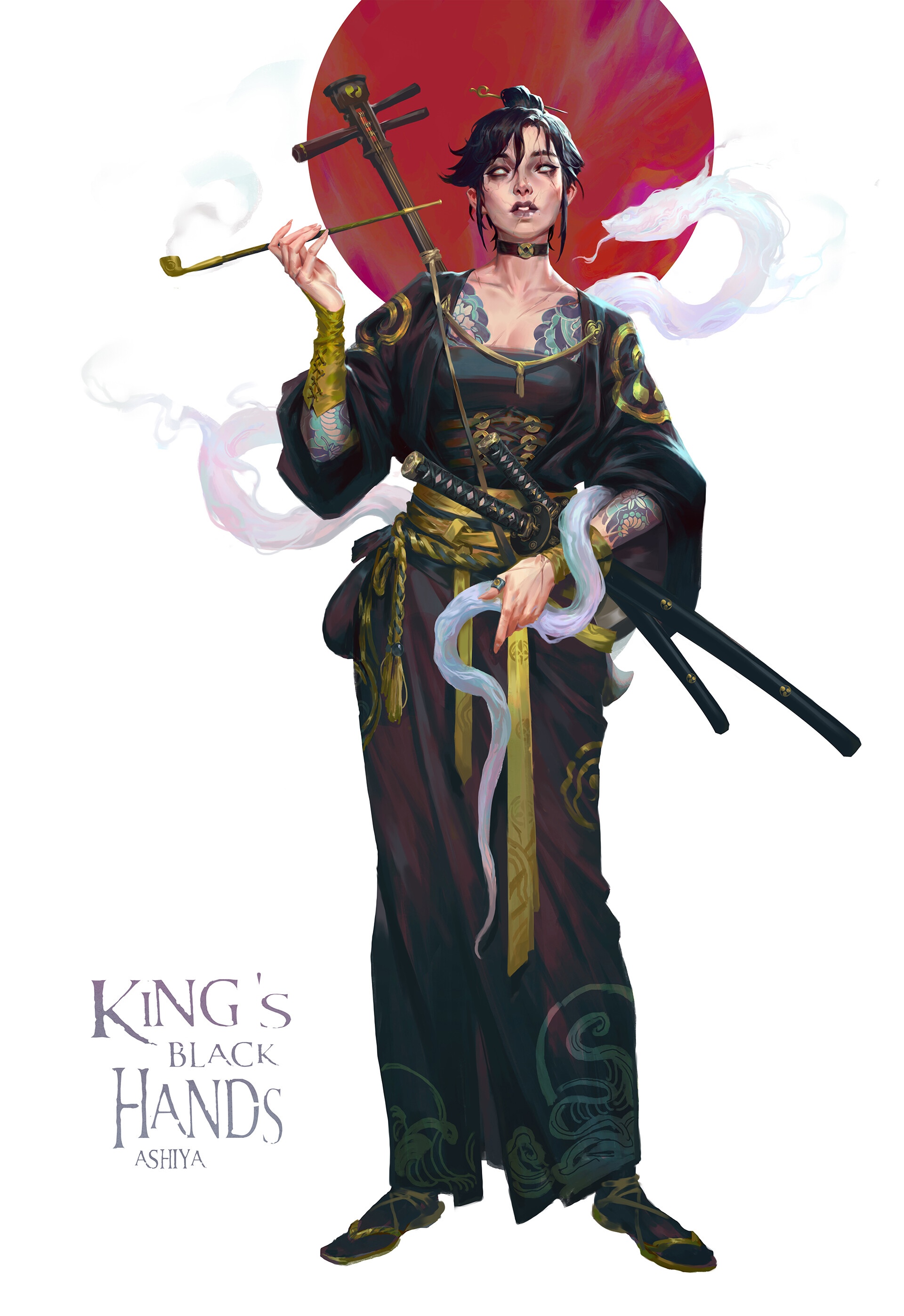 King's Black Hands Ashiya with a Shamisen and Pipe HD Phone Wallpaper