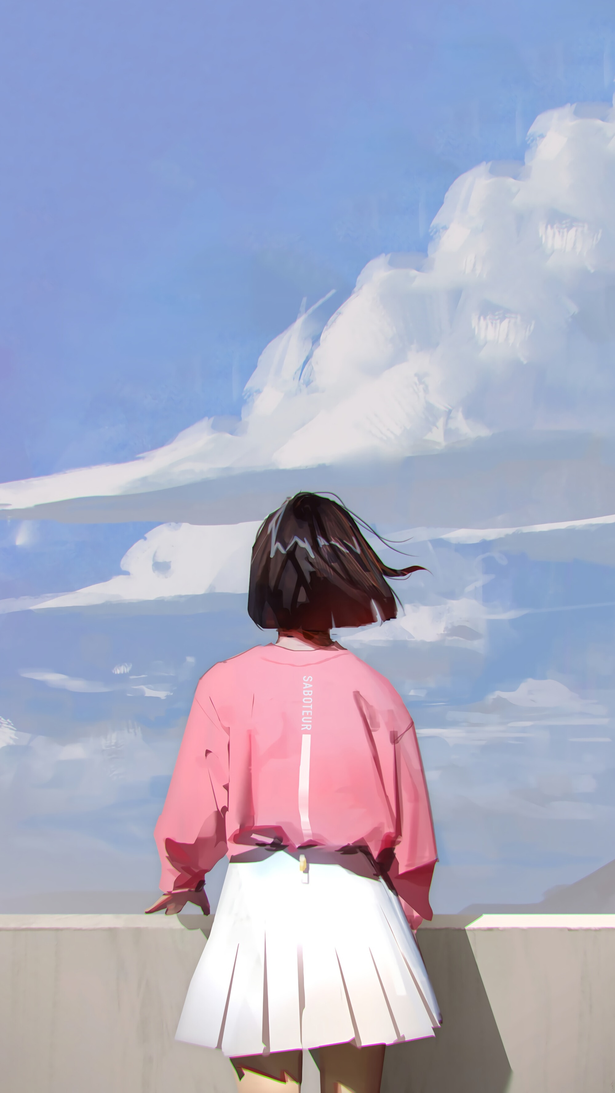 Woman in pink sweatshirt and white skirt looking at clouds HD Phone Wallpaper
