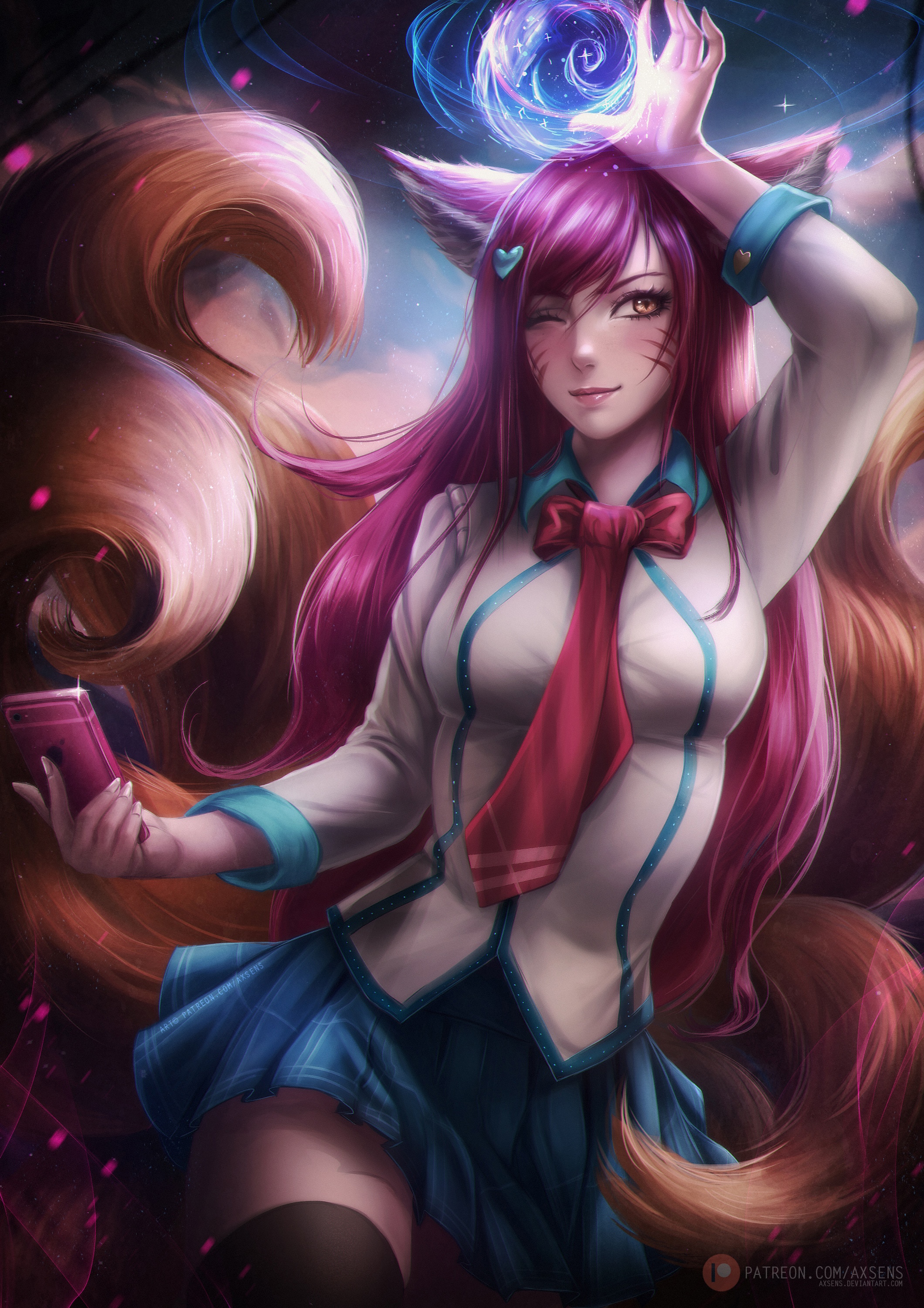 Ahri from League of Legends with fox ears and tails HD Phone Wallpaper