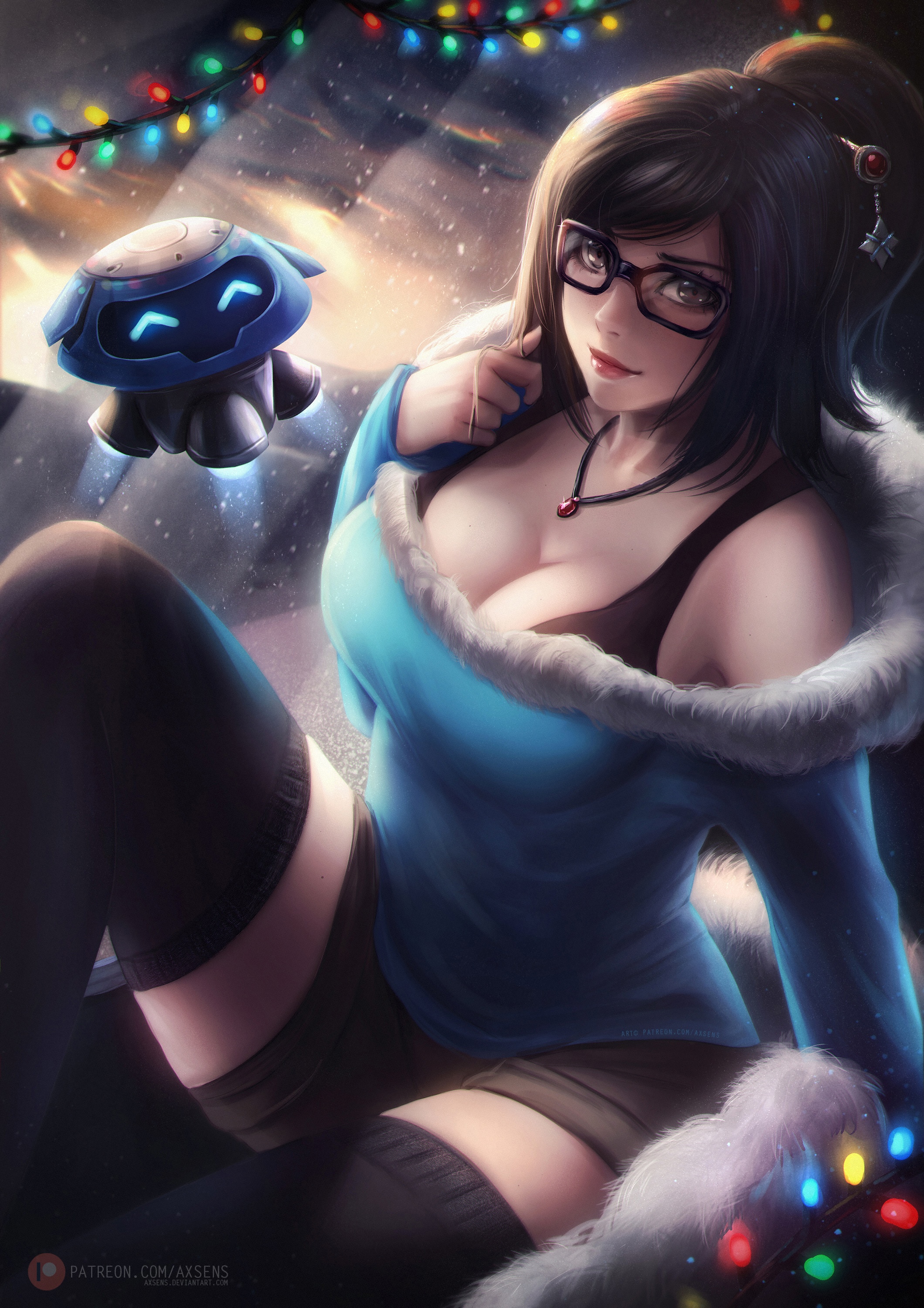 Mei from Overwatch with Snowball and Christmas lights HD Phone Wallpaper