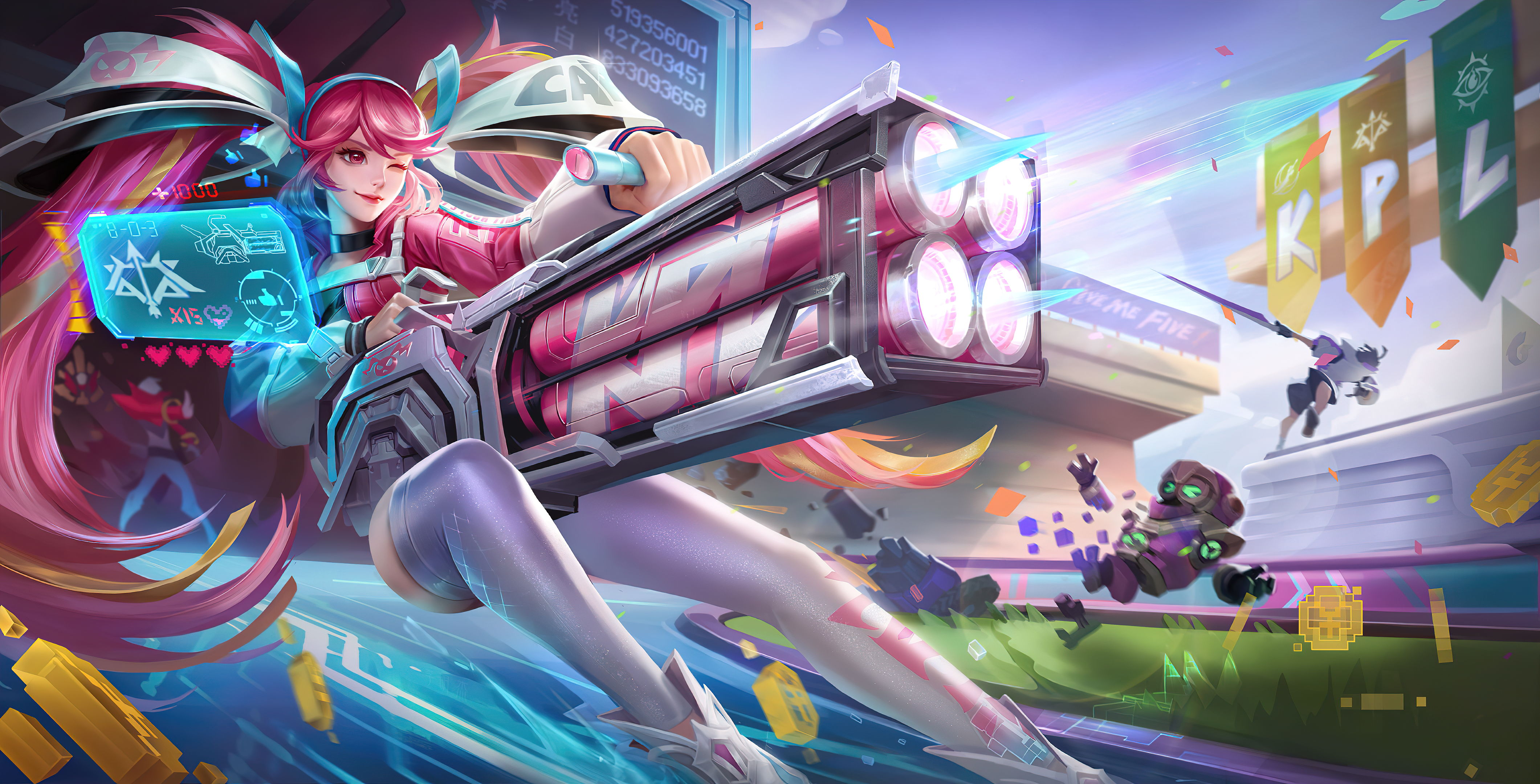 Girl with large weapon and futuristic display HD Wallpaper