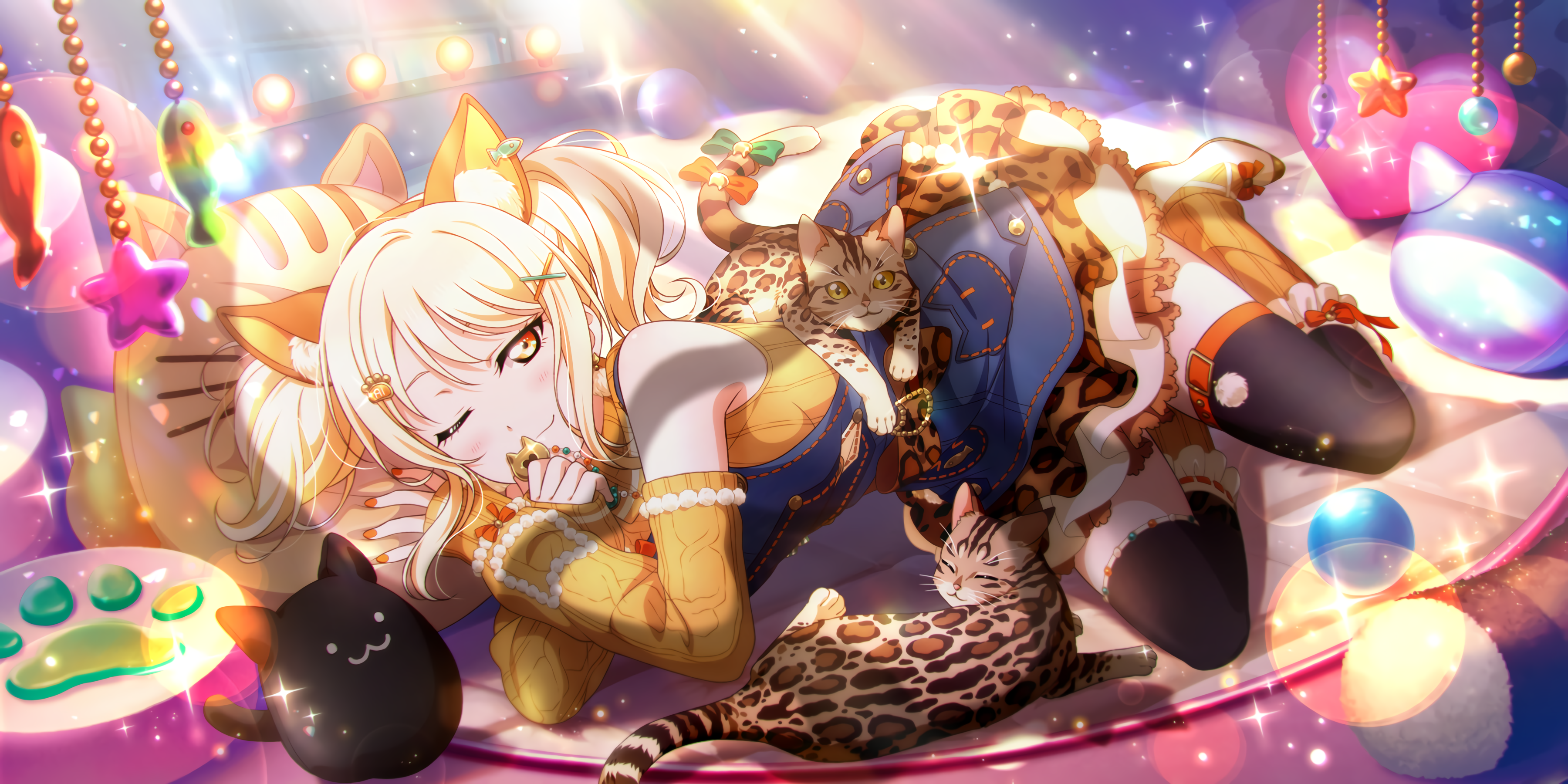 Miyashita Ai with cats in a playful setting HD Wallpaper