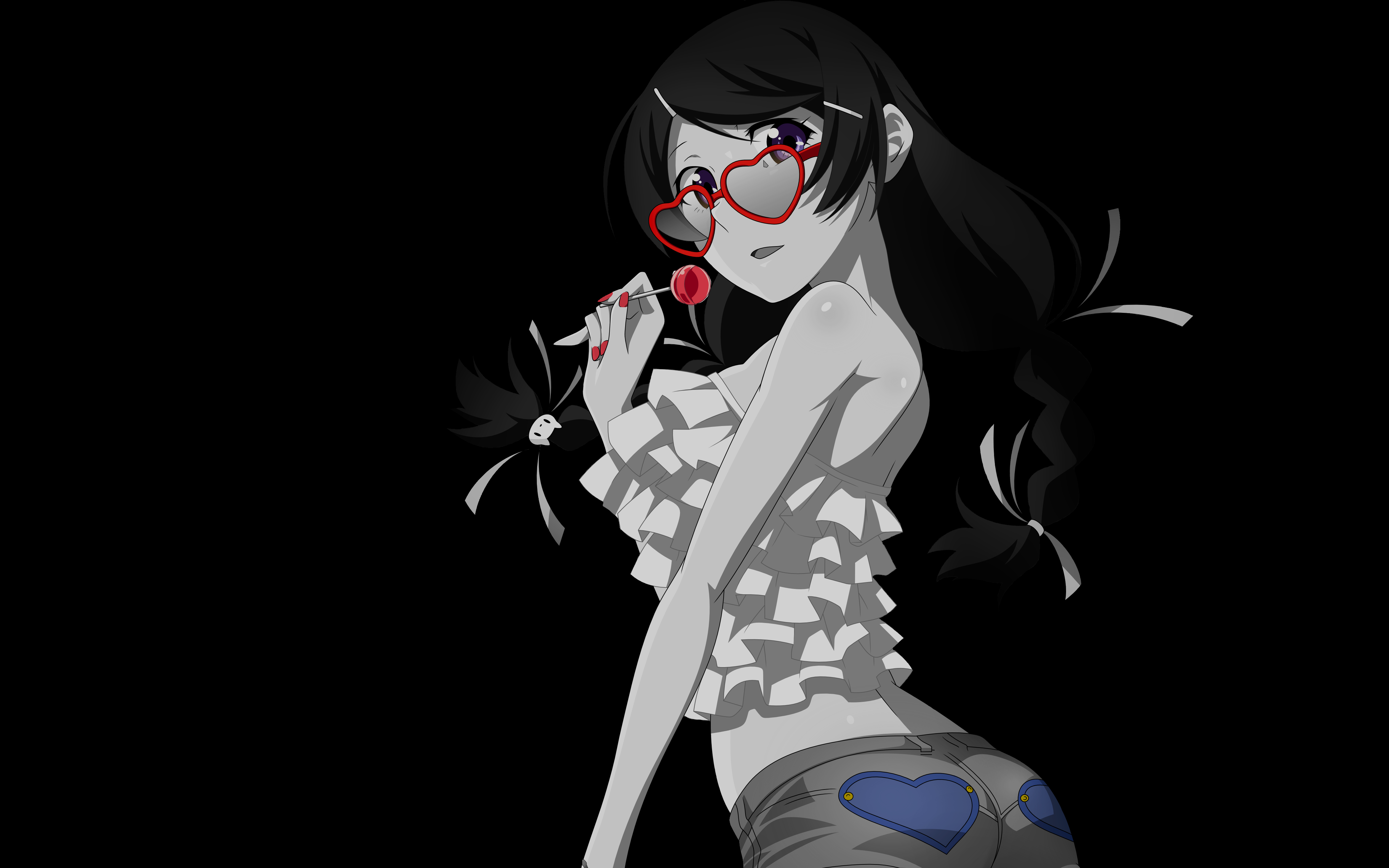 Hanekawa Tsubasa with heart-shaped glasses and lollipop HD Wallpaper
