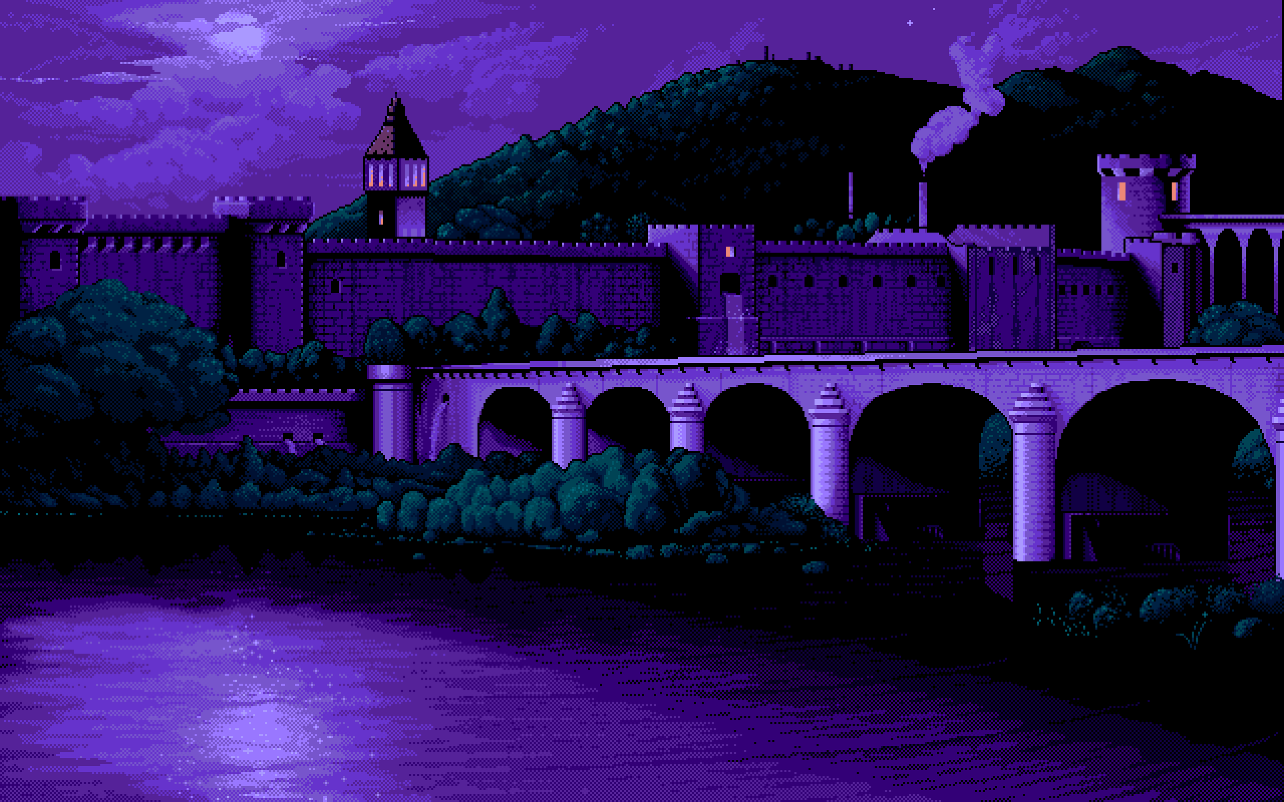 Pixel art castle and bridge at night HD Wallpaper
