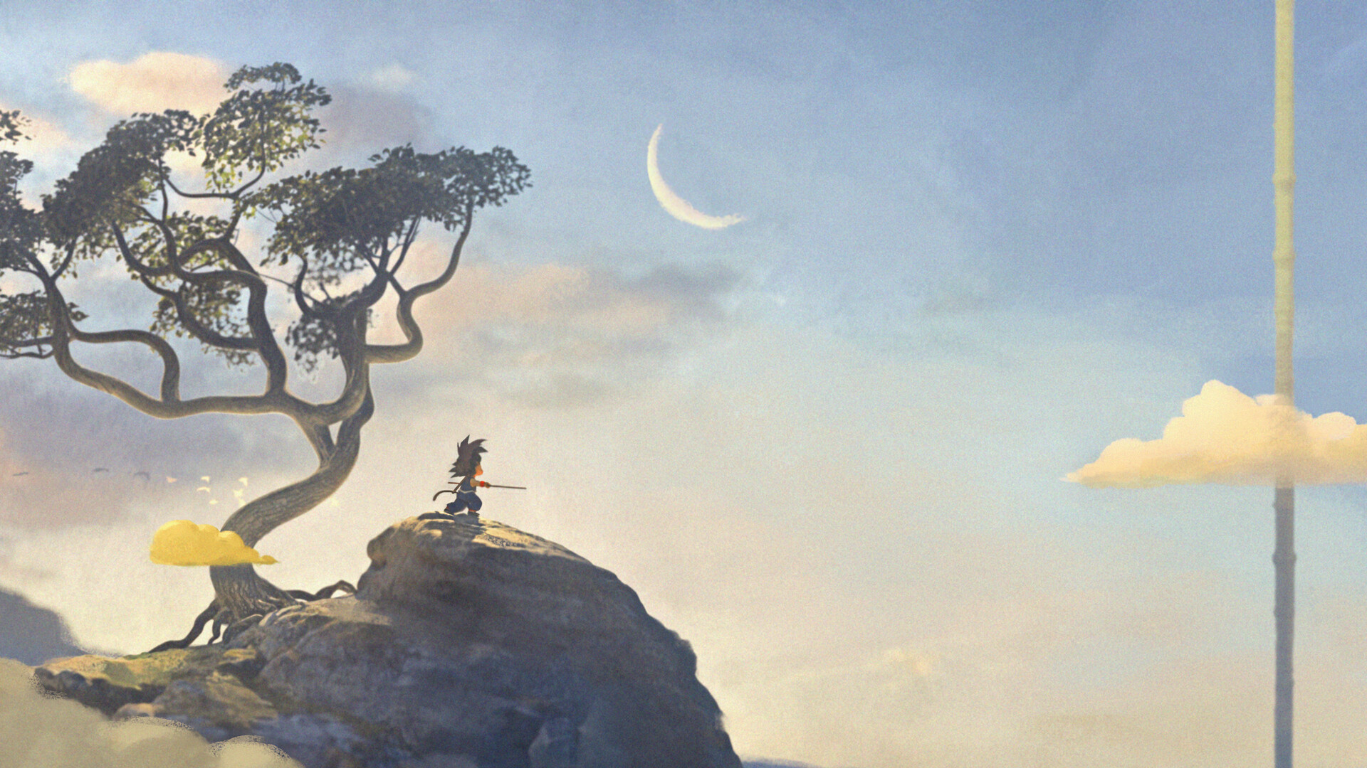 Son Goku on a rocky outcrop under a crescent moon HD Wallpaper