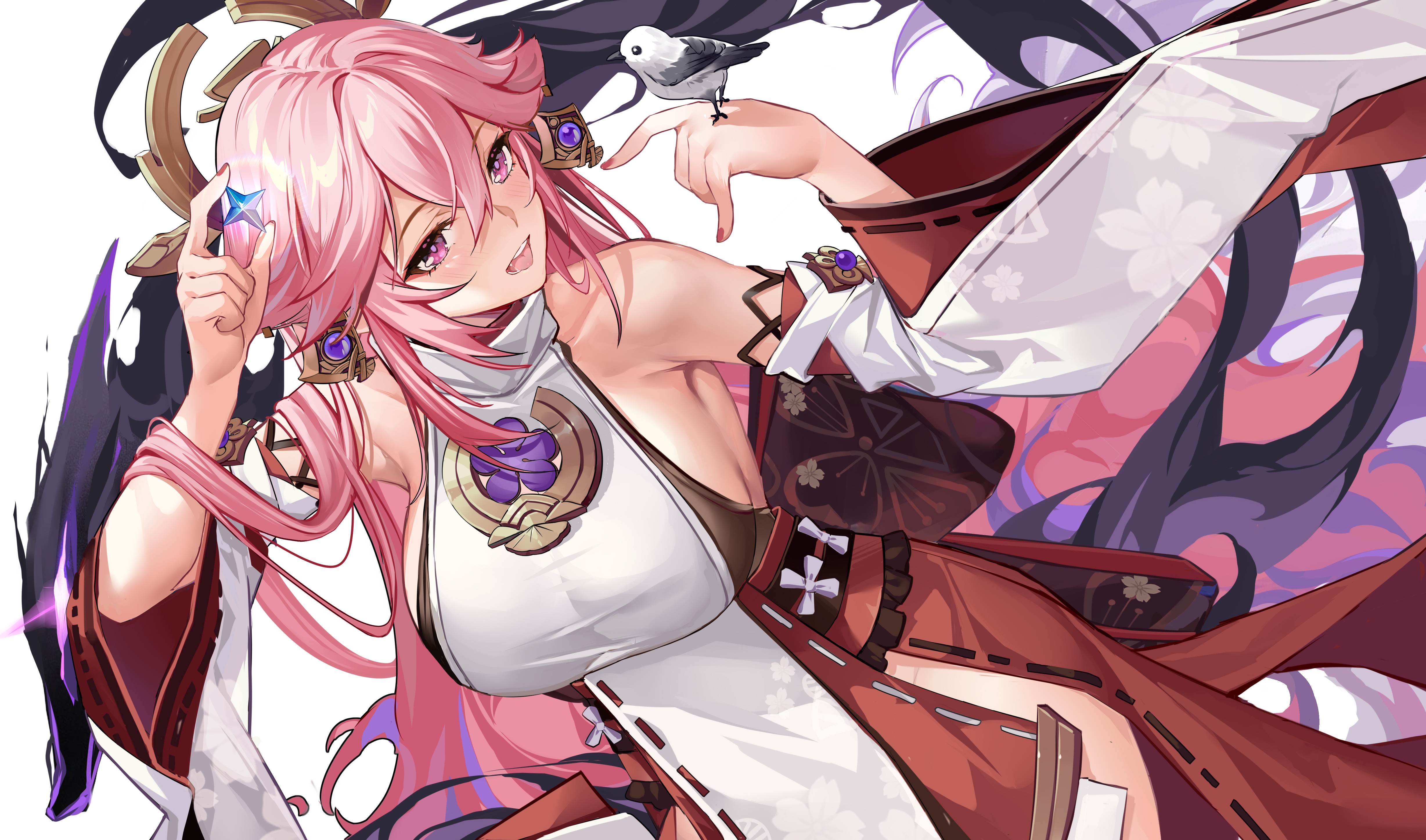 Yae Miko from Genshin Impact with a bird HD Wallpaper