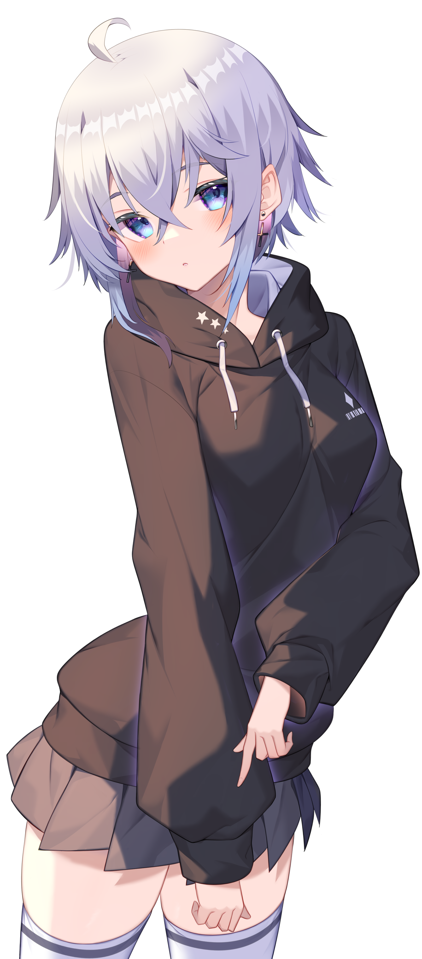 Jun with silver hair and blue eyes wearing a hoodie and skirt HD Phone Wallpaper