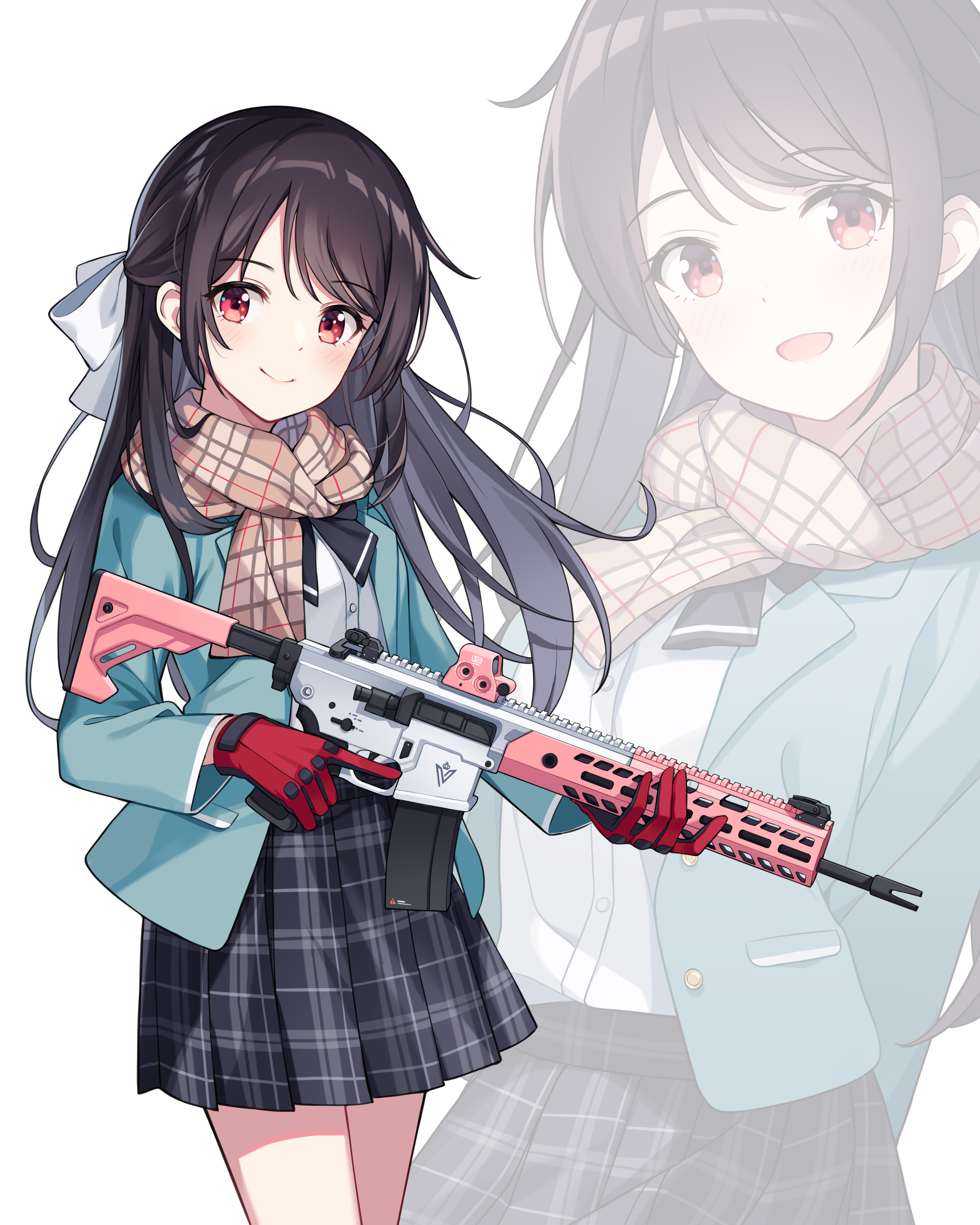 Girl with a rifle, dark hair, red eyes, scarf HD Phone Wallpaper