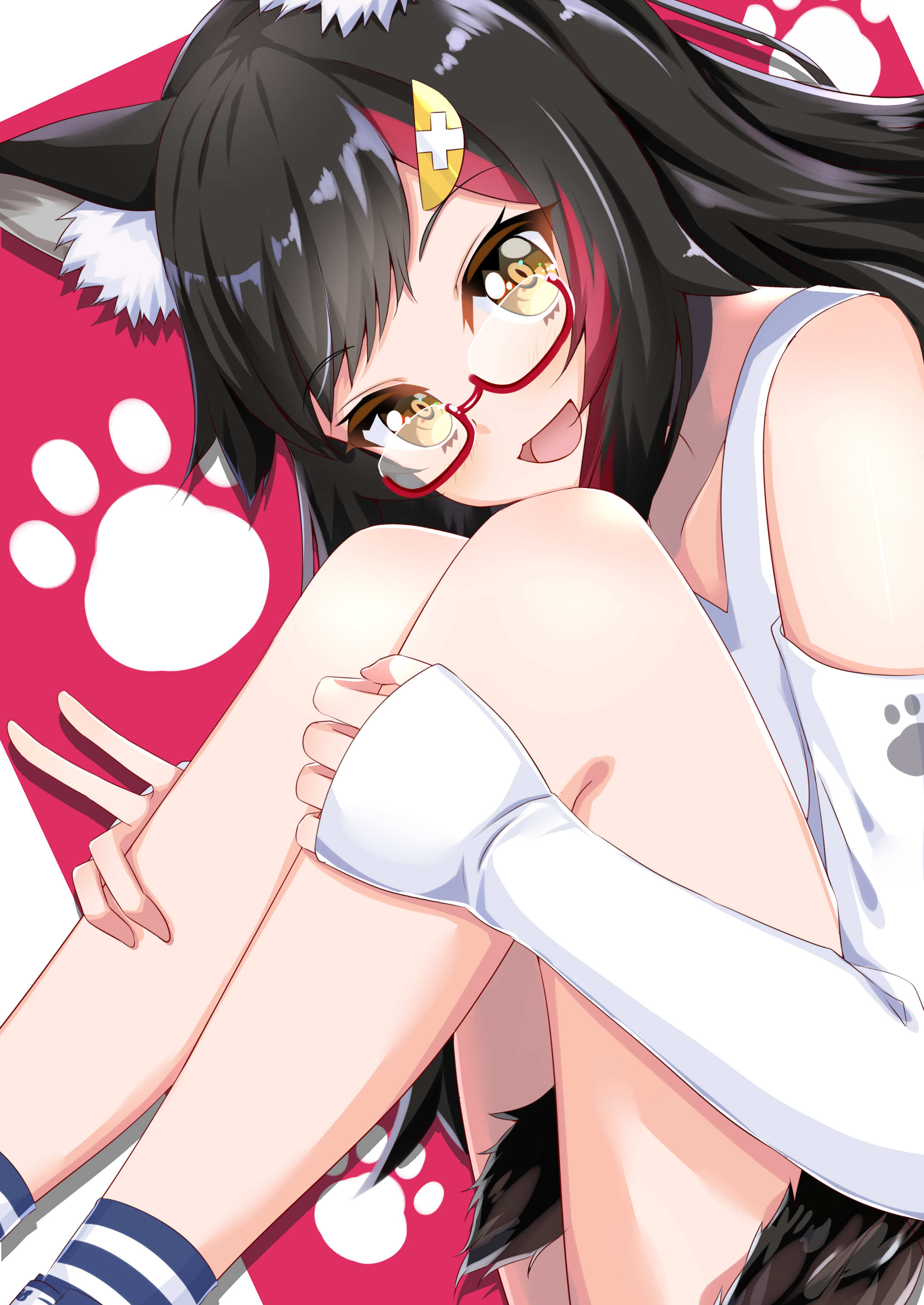 Anime cat girl with glasses and red accents HD Phone Wallpaper