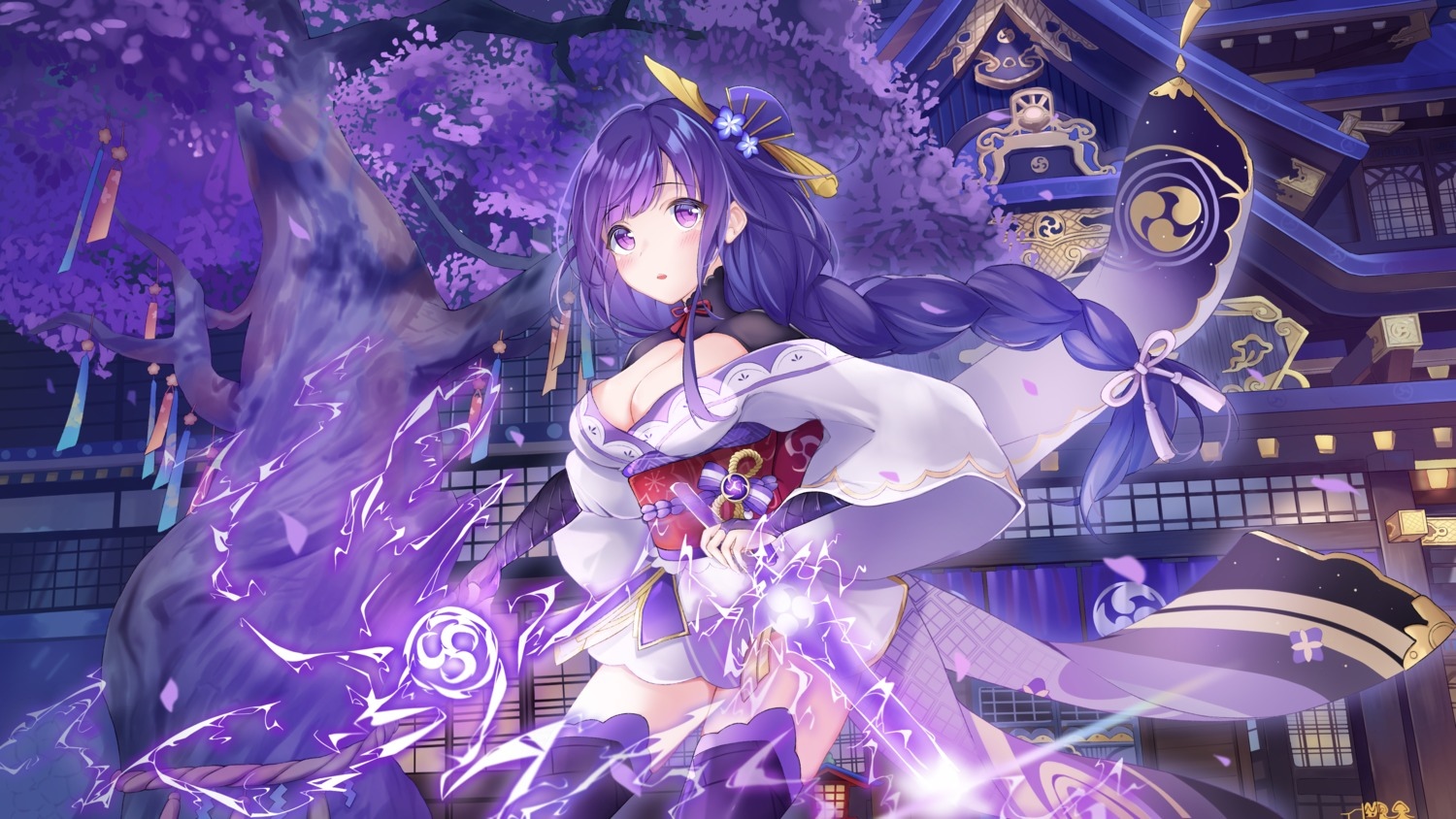 Raiden Shogun with purple hair and lightning HD Wallpaper
