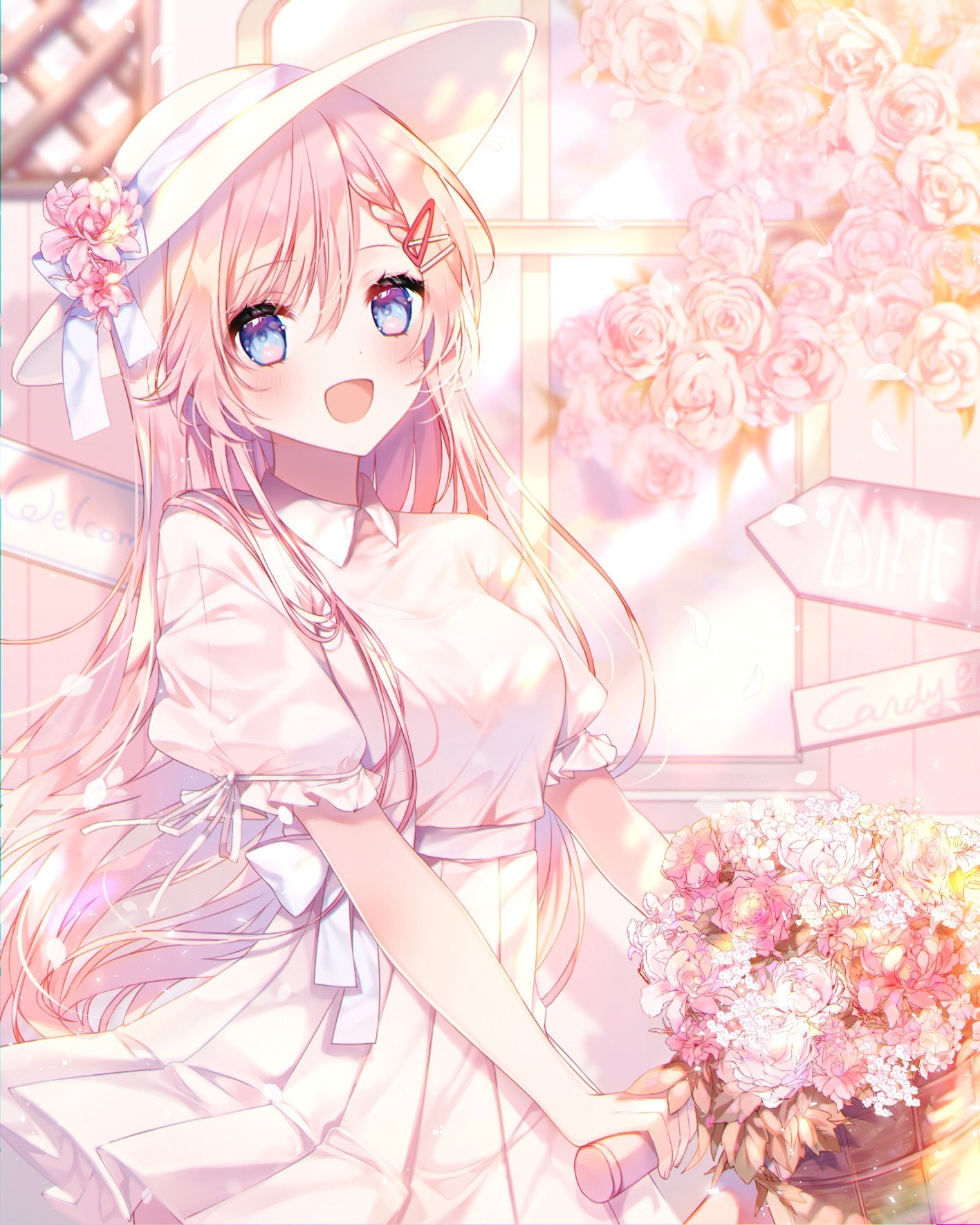 Anime girl with pink hair and blue eyes holding flowers HD Phone Wallpaper