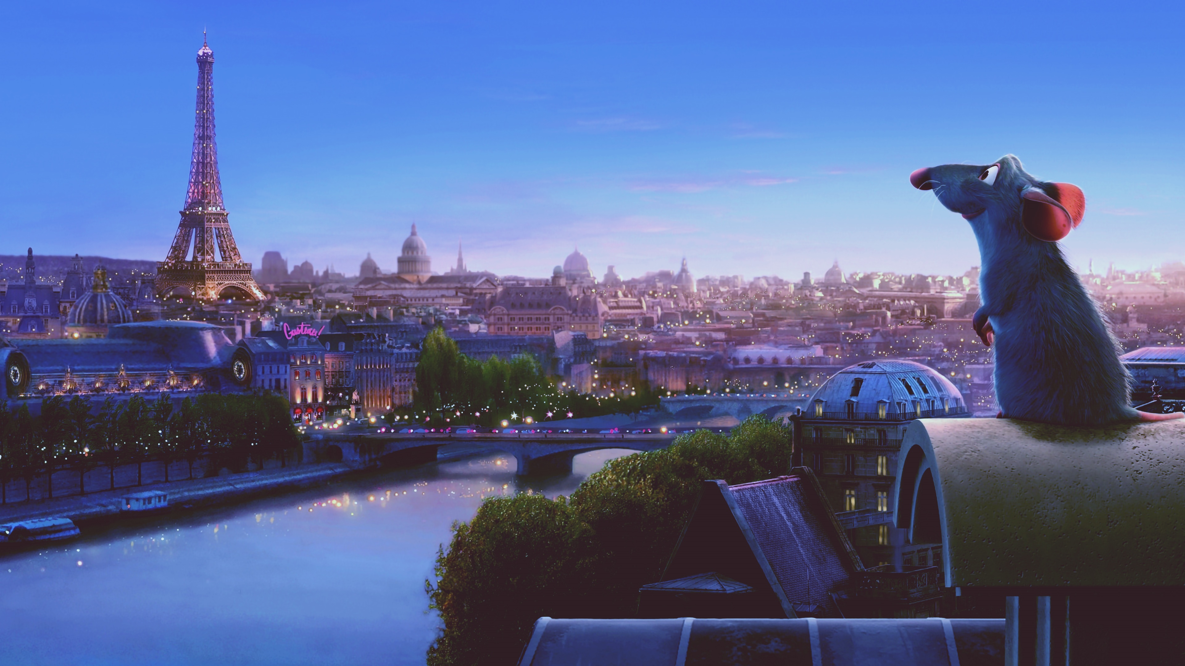 Remy the rat overlooks Paris at dusk HD Wallpaper