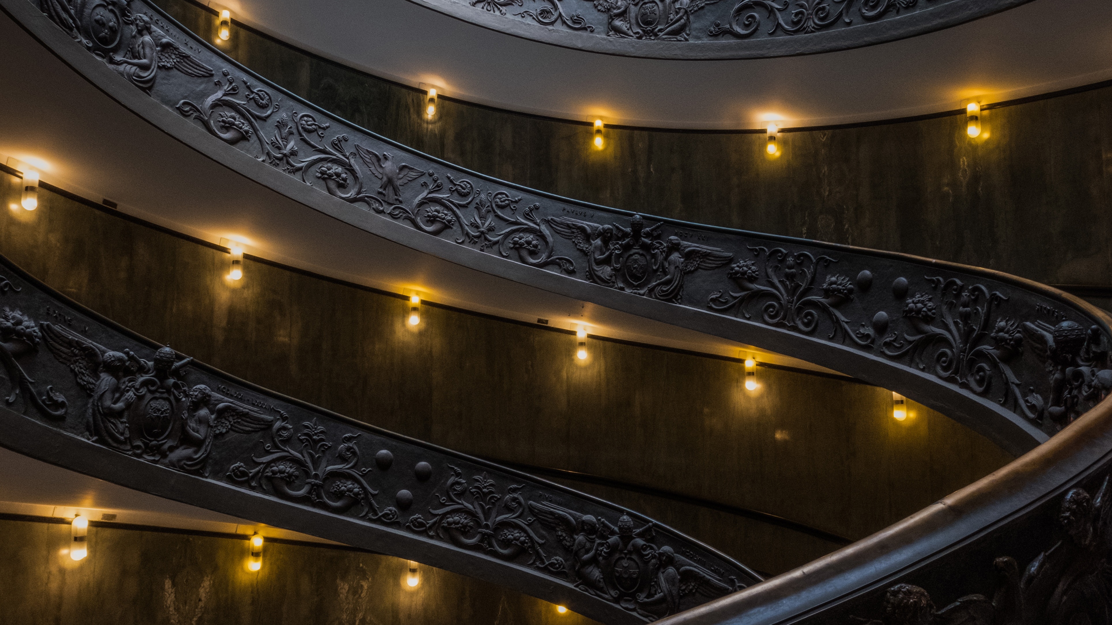 4K Ornate Spiral Staircase with Lights HD Wallpaper