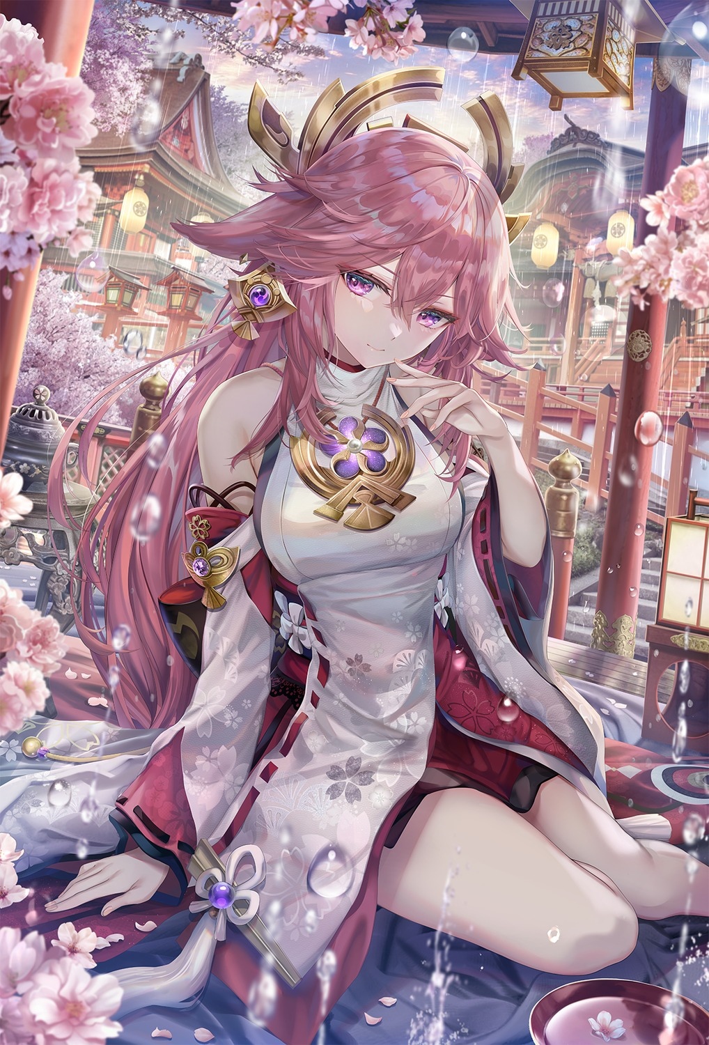 Yae Miko in the rain with cherry blossoms HD Phone Wallpaper
