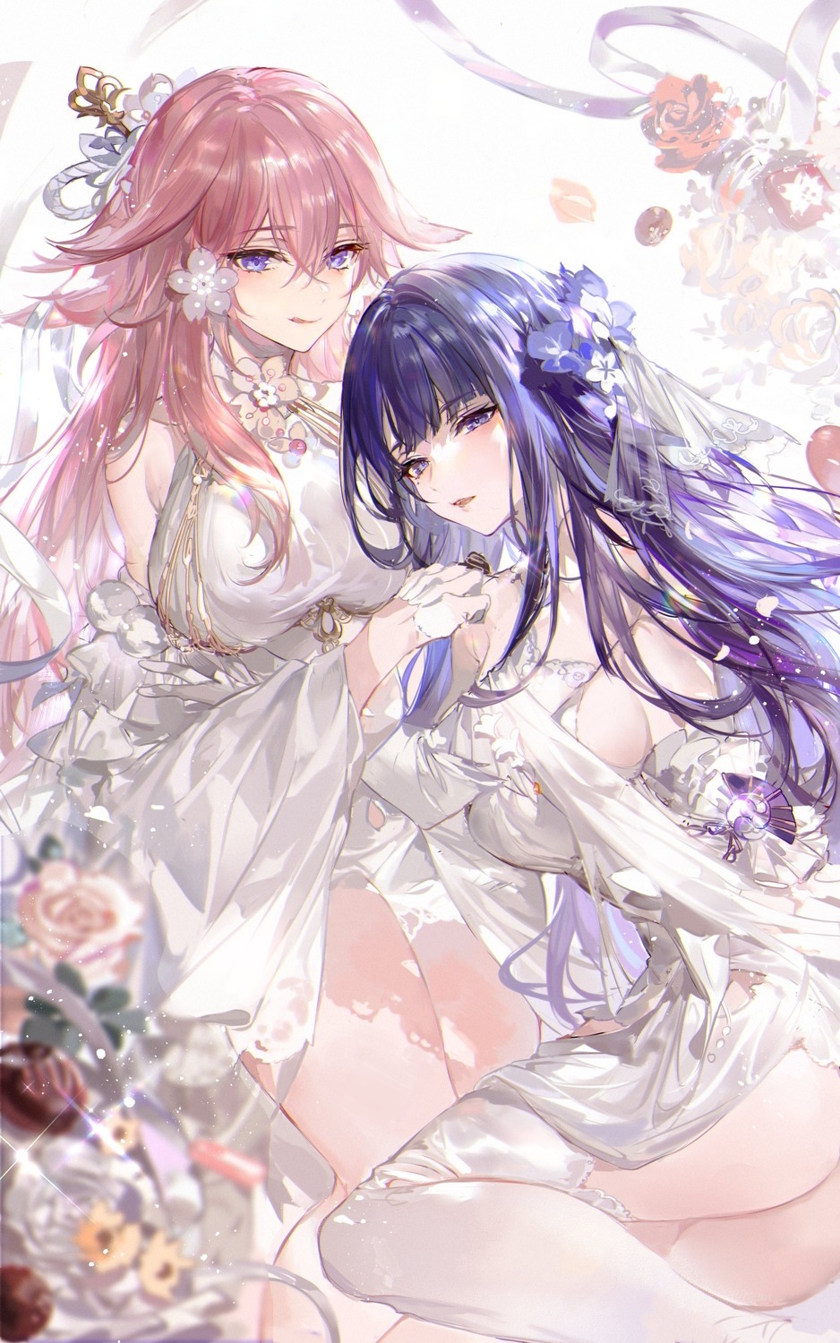 Raiden Shogun and Yae Miko in Bridal Gowns HD Phone Wallpaper