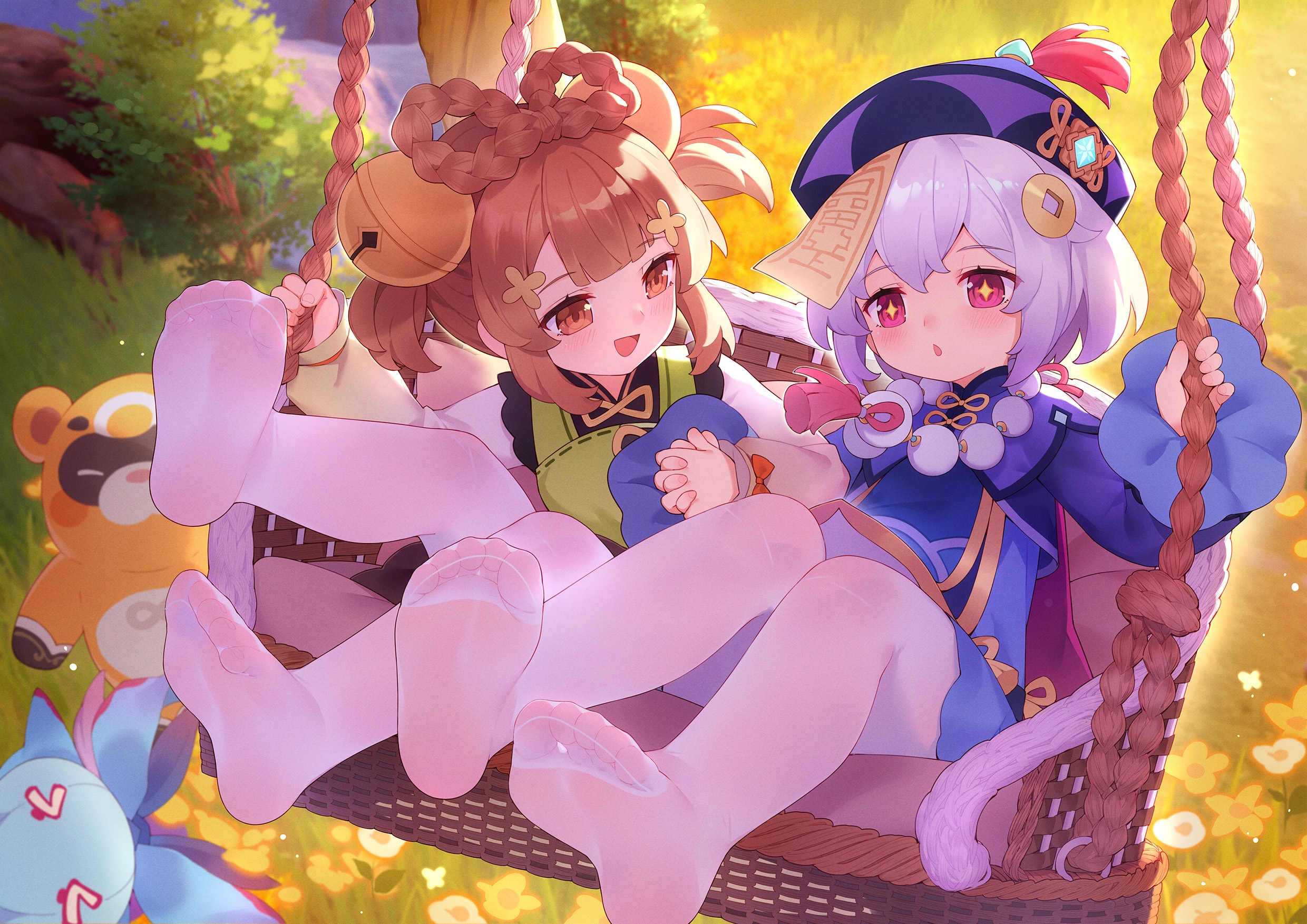Qiqi and Yaoyao on a swing in Genshin Impact HD Wallpaper