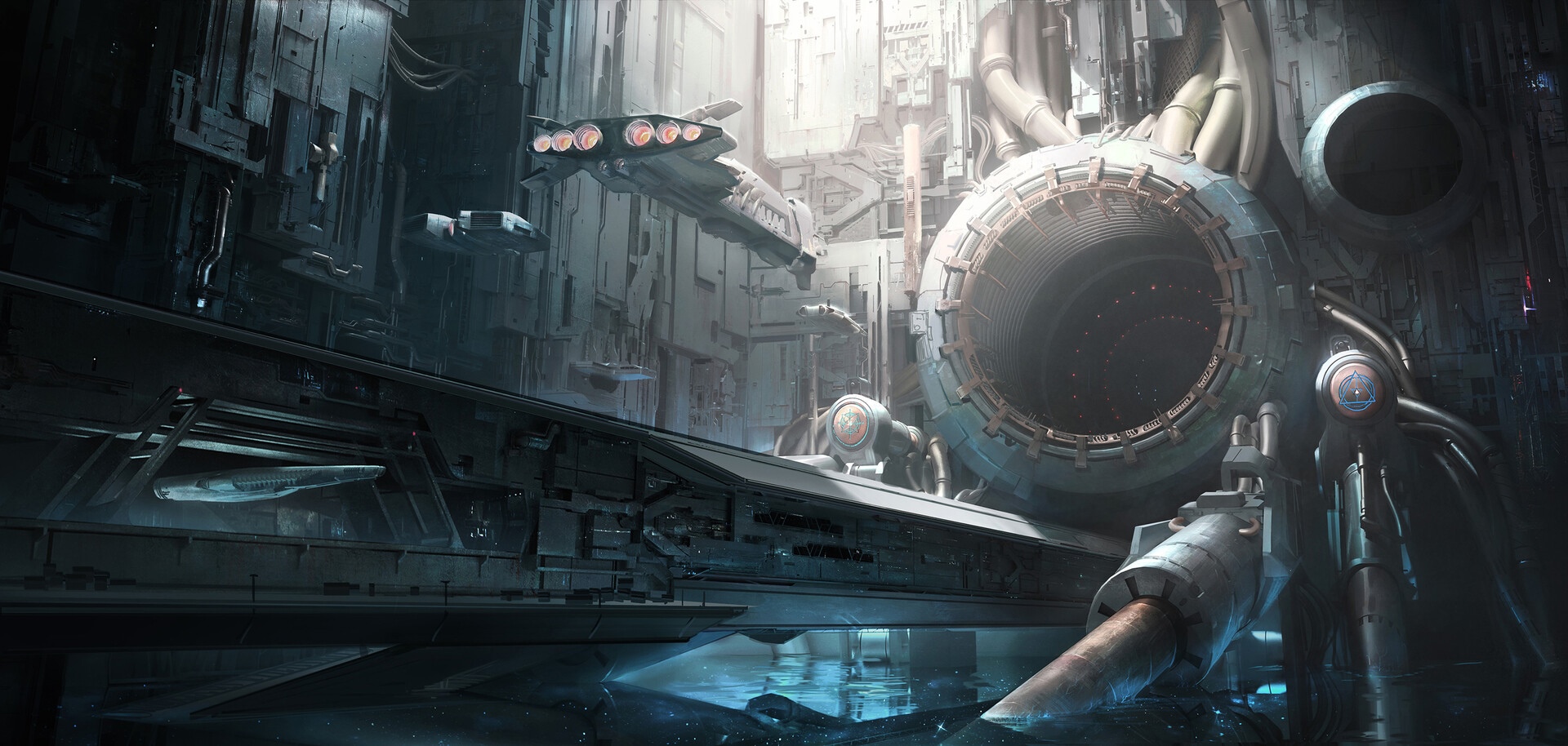 Spaceships in a futuristic industrial space station HD Wallpaper