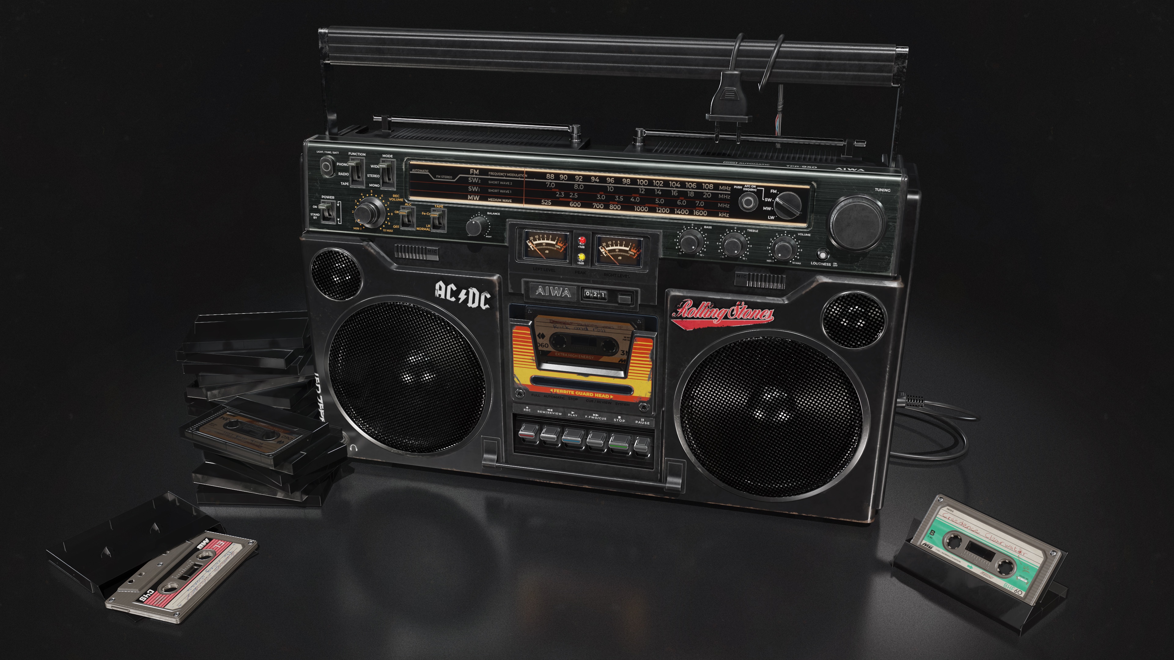 4K AIWA Boombox with AC/DC and Rolling Stones Cassettes HD Wallpaper