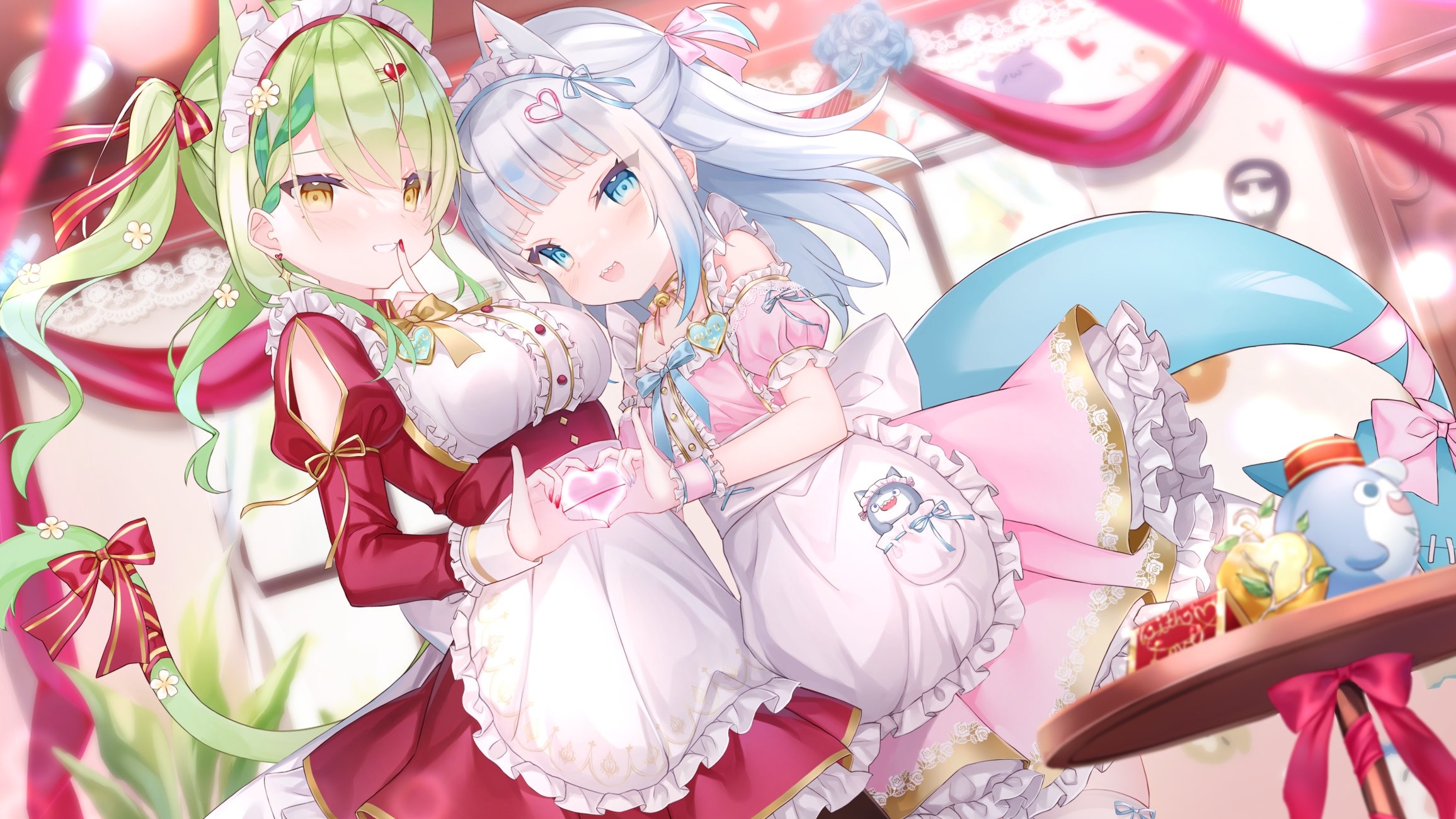 Two anime girls in maid outfits holding hearts HD Wallpaper